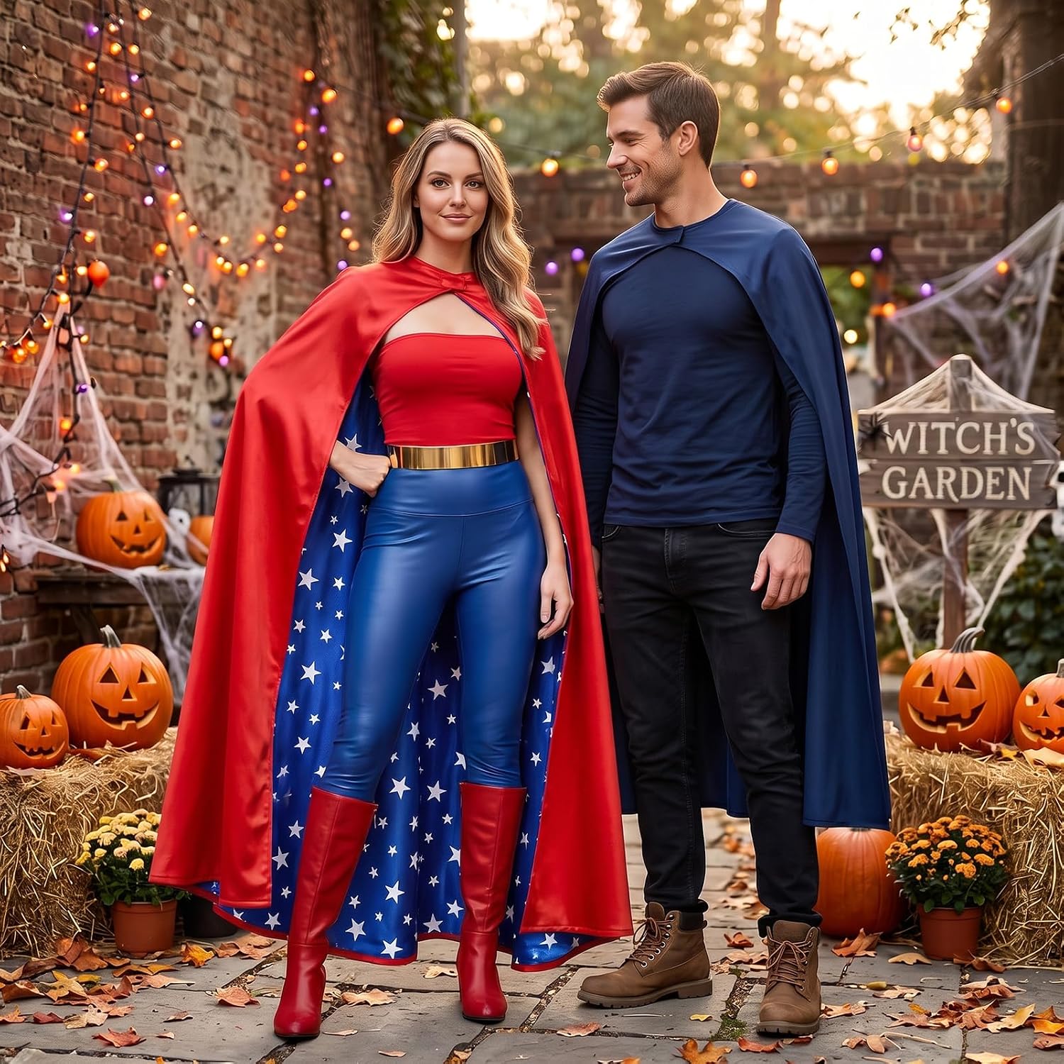 Haysandy Woman Hero Costume Cape for Print Adult Red Blue Star Cloak Movie Costume Accessories for Halloween Cosplay Party