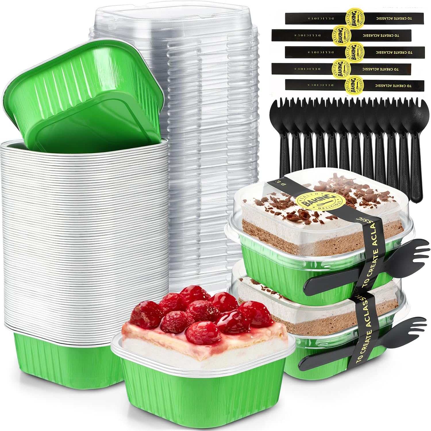 Sliner 100 Pcs 10 oz Mini Cake Pans with Lids Aluminum Foil Disposable Baking Loaf Tins, Spoon, Stickers, Square Cupcake Container for Muffin Ramekins Brownie Wedding Birthday Party(Green)
