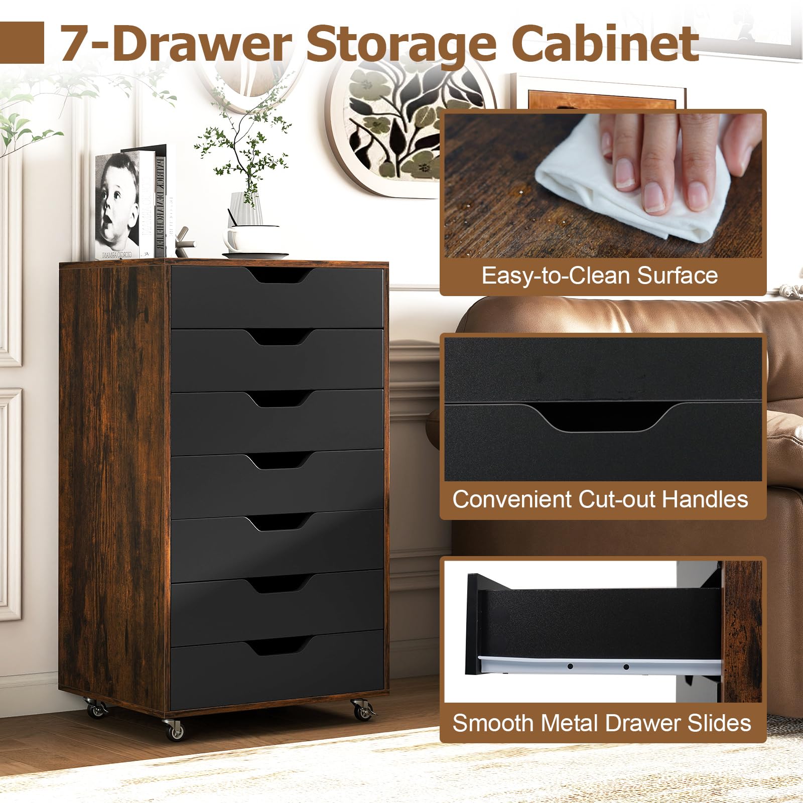 GIANTEX Archivador Móvil con 7 Cajones, Cajonera de Madera con 4 Ruedas Bajo Escritorio, Soporte para Impresora, 49 x 40 x 87 cm, para Oficina, Salón, Dormitorio (Negro+Marrón)