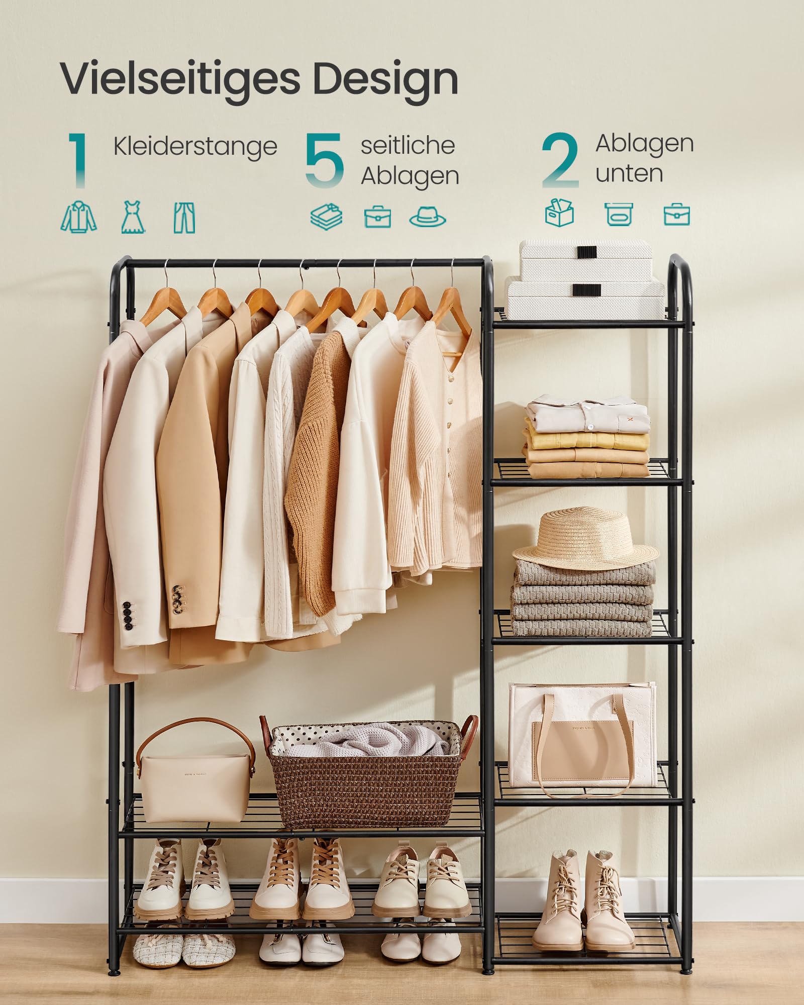 SONGMICS Kleiderständer, offener Kleiderschrank, Kleiderstange, Garderobenständer mit Ablagen, Garderobe aus Metall, freistehend, 29 x 112 x 158,4 cm, mattschwarz LGR462B01