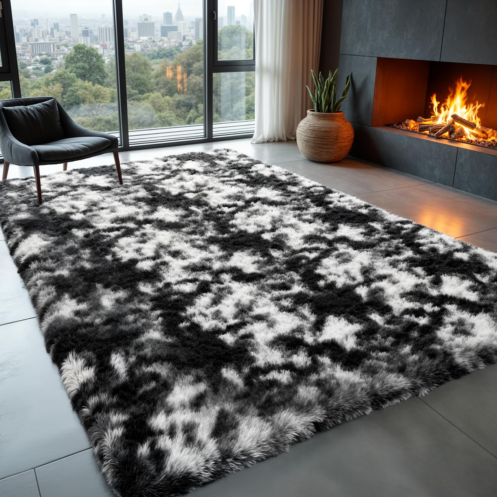 Zentavio Black and White Area Rugs for Living Room Rugs for Bedroom 4x6 Soft Carpet Fluffy Furry Shag Aesthetic Plush High Pile Gray Throw Rug for