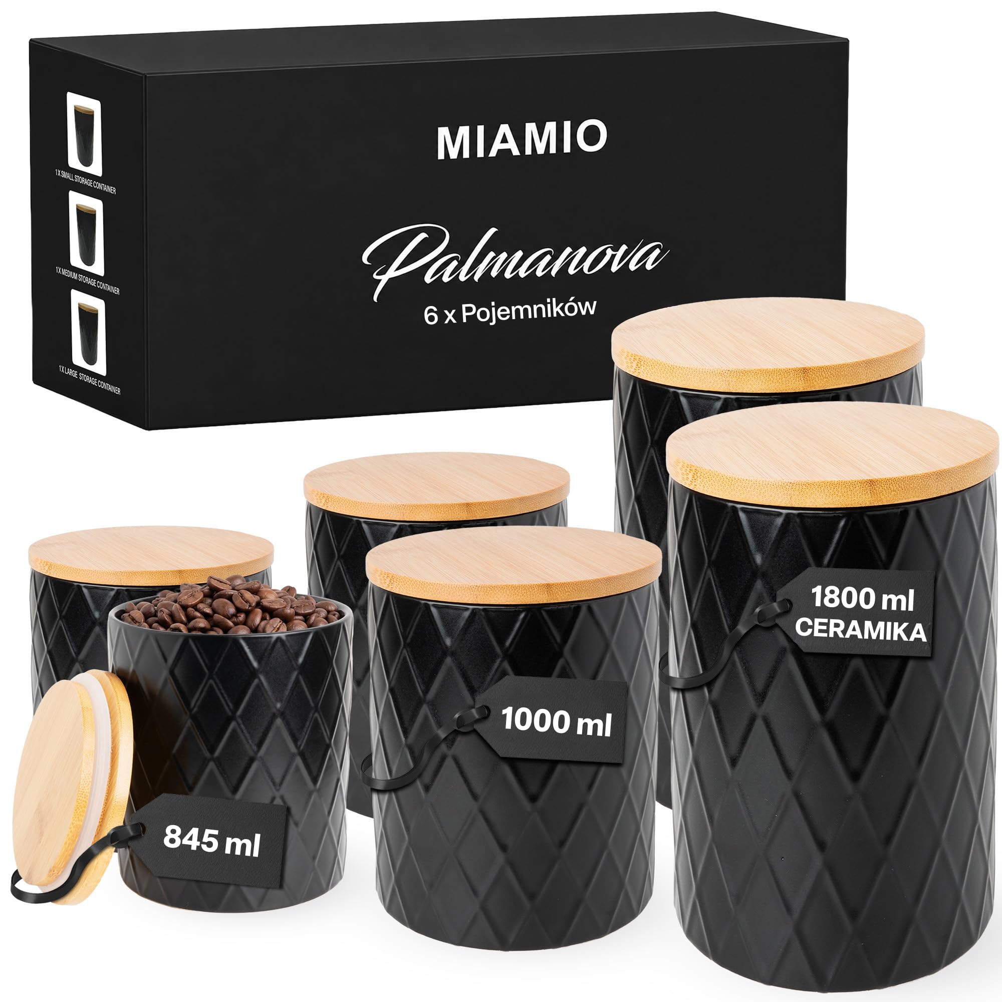 MIAMIO - Zestaw 6 ceramicznych pojemników kuchennych - Palmanova (Czarny)