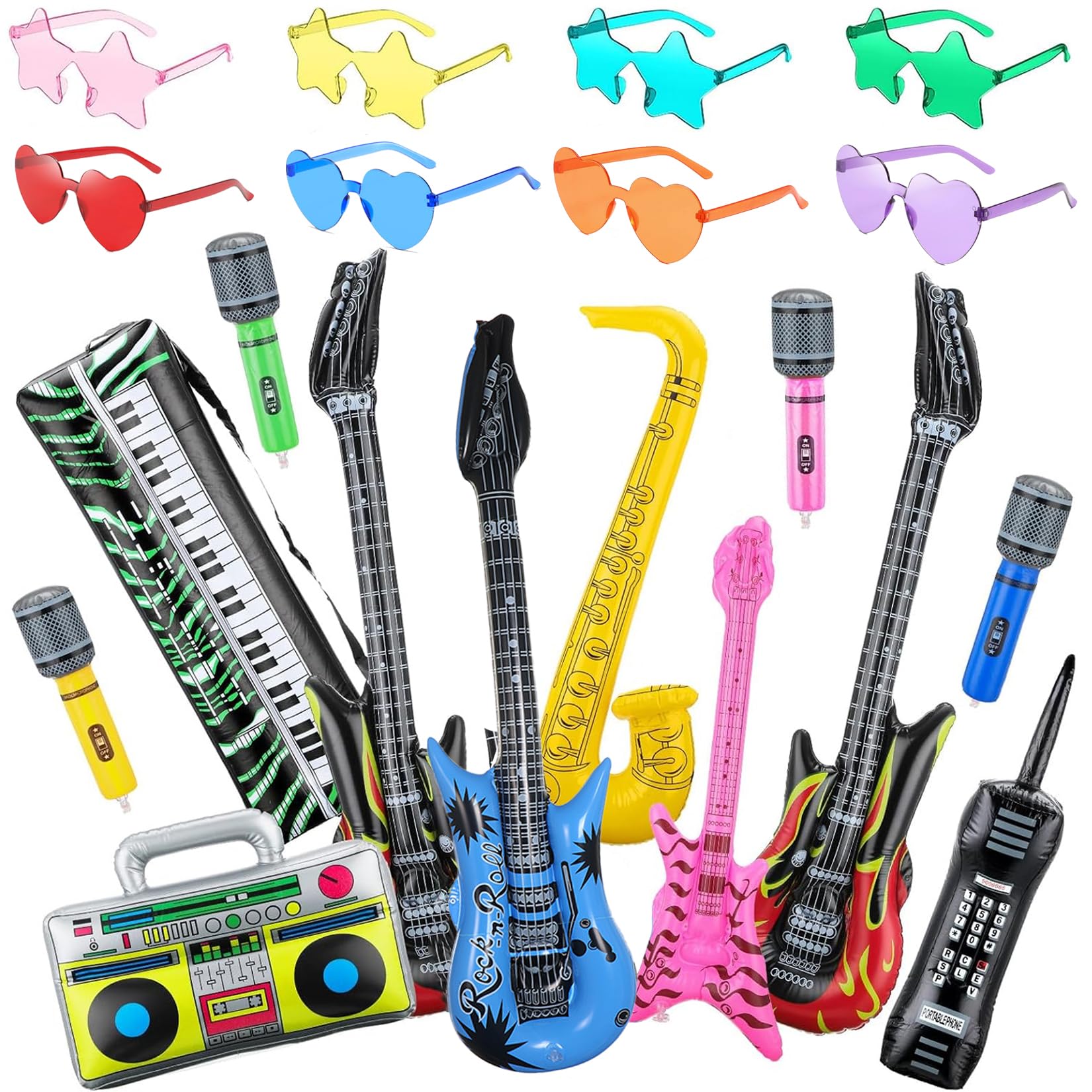 20Pcs Inflatable Instruments Party Props with Funny Sunglasses Set, Inflatable Rock Star Guitar Saxophone Bass Microphones Recorder Piano Photo Booth, 80s 90s Rock N Roll Music Party Decorations