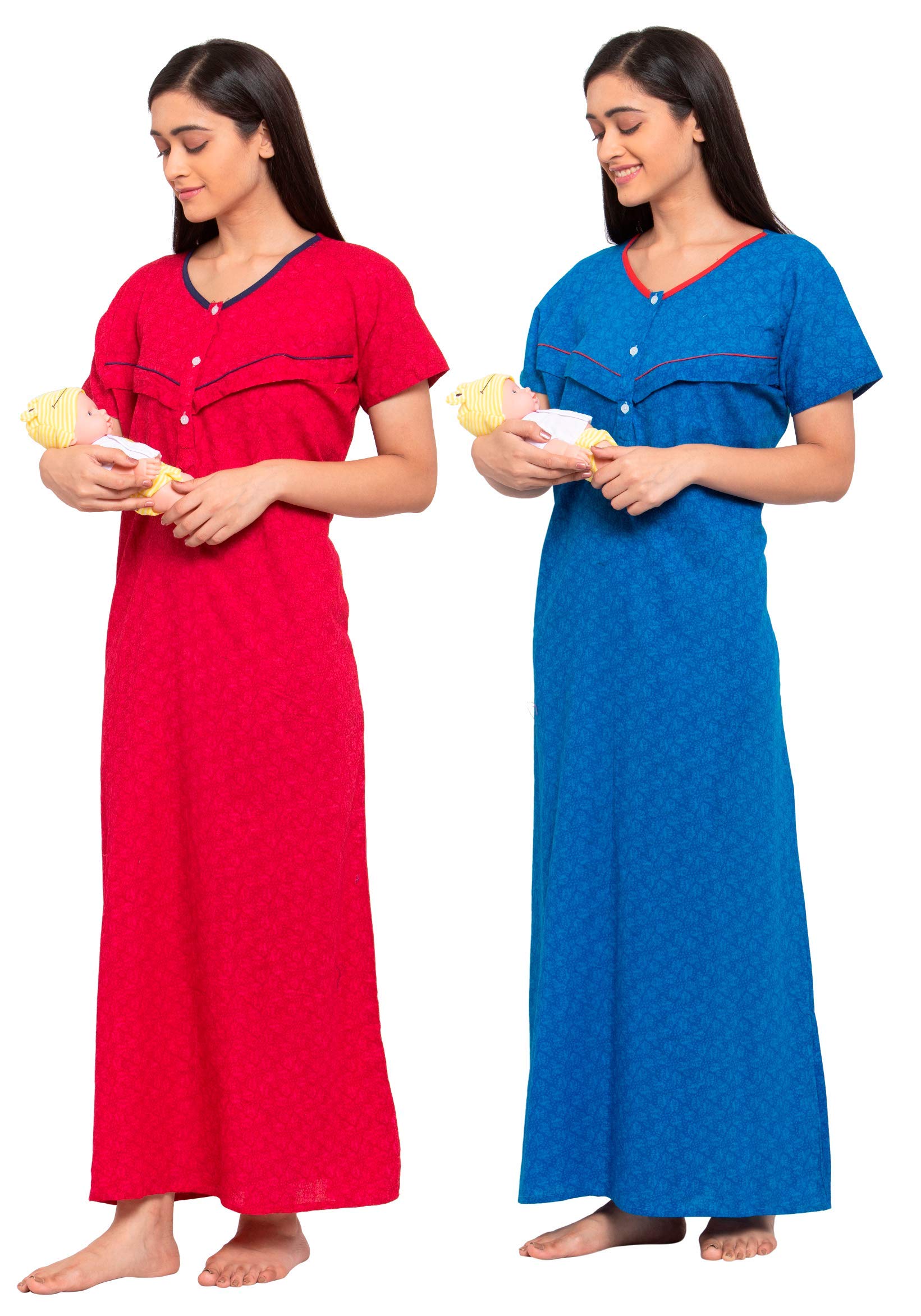 FabmeWomen's Cotton All Over Print Maxi Nightgown (Po2-NW0243DPK-243LBU_Dark Pink, Light Blue_Free Size)