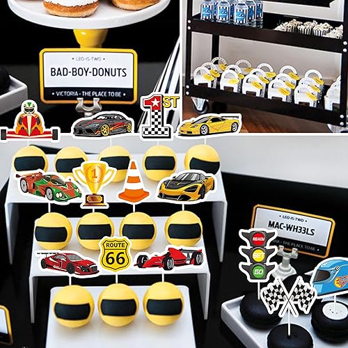 Miniatura 9 de 37 piezas de decoración de pastel de cumpleaños de autos de carreras, decoración de cupcakes con purpurina para autos de carreras, decoraciones para