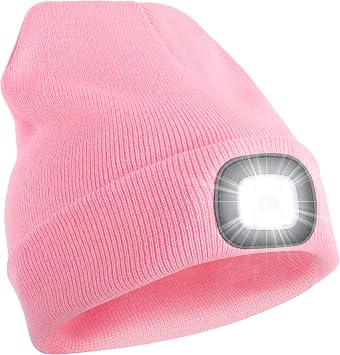 Beanie Hat with Light, USB Rechargeable LED Headlamp, Gifts for Men, Pink