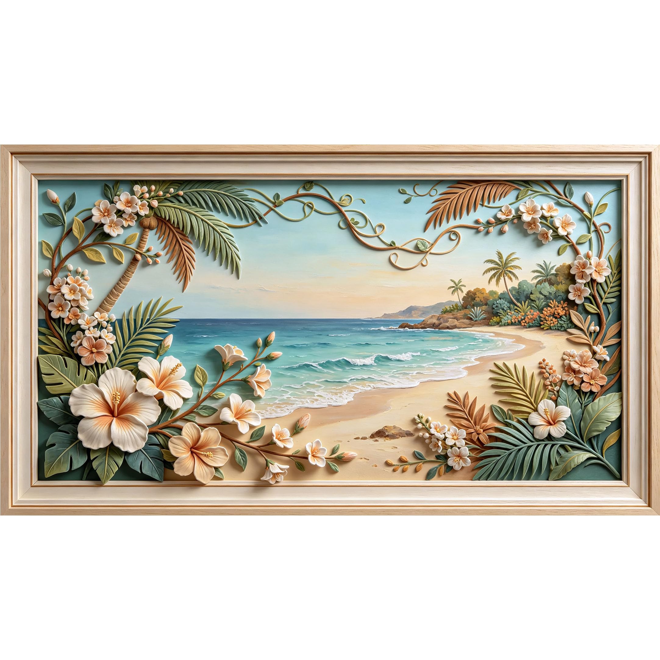 QZLITHOTIC 50×90cm3D Framed Wall Art， Tropical Beach Hibiscus Flower Coastal SelfAdhesive Mural， WaterActivated Peel & Stick Fabric Decor Wall Decal for Bedroom Living Room