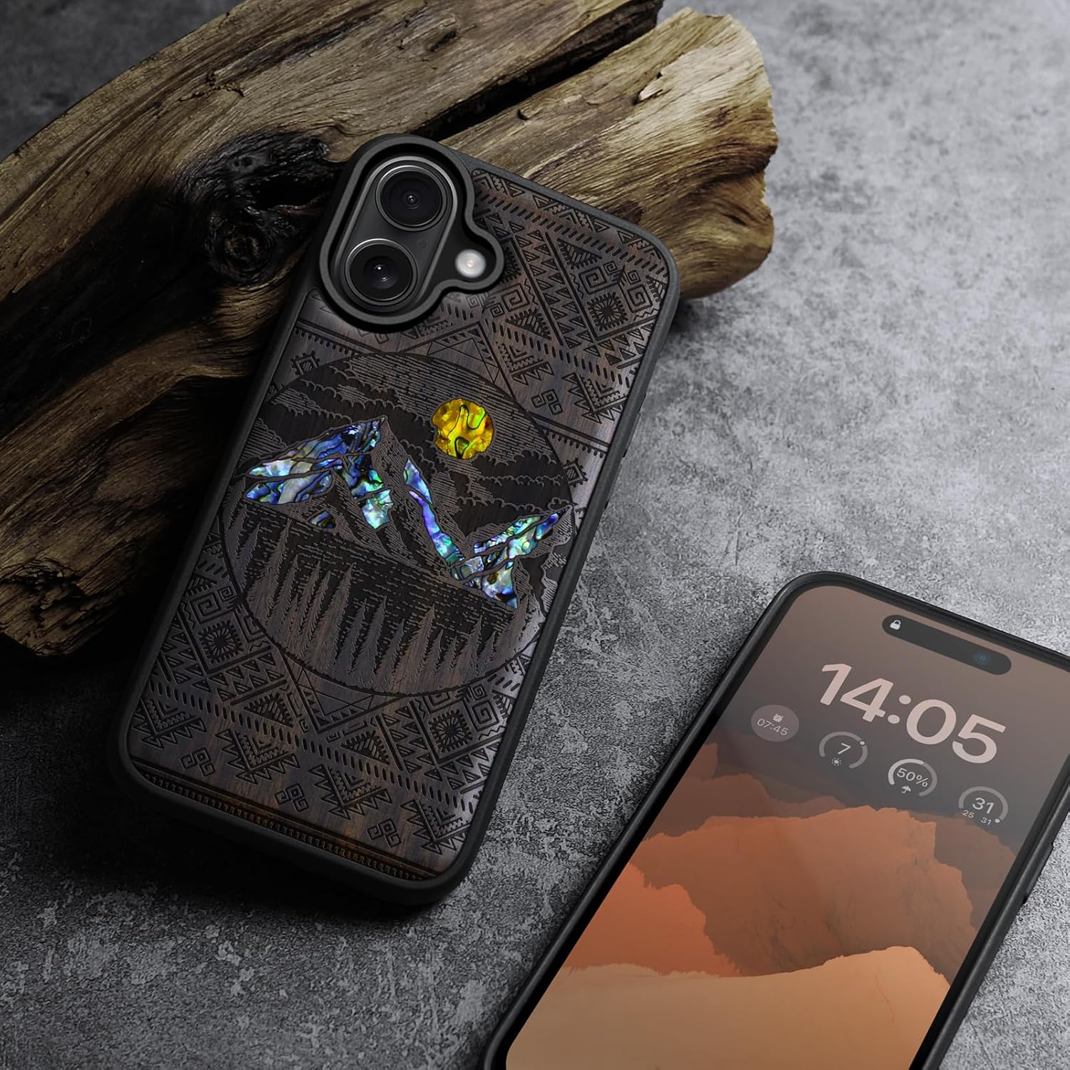 Carveit Magnetic Wooden Case for iPhone 16 Case, Wood Artisan Engraved & Handmade Shell Inlaid, TPU Shockproof Cover, Compatible with MagSafe Wireless Chargers (Aztec Style Alpine Lakes) Blackwood