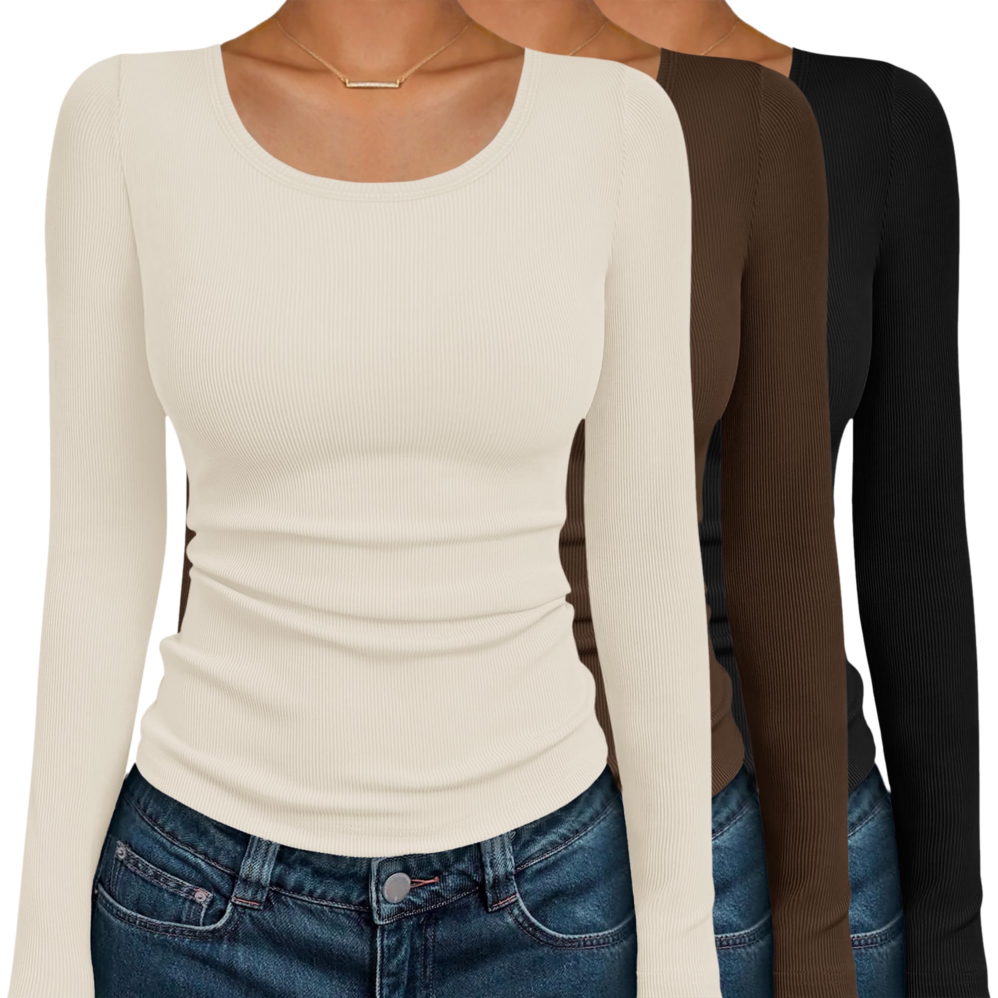 Ekouaer Womens Long Sleeve Shirts 3 Pack Scoop Neck Ribbed Tops