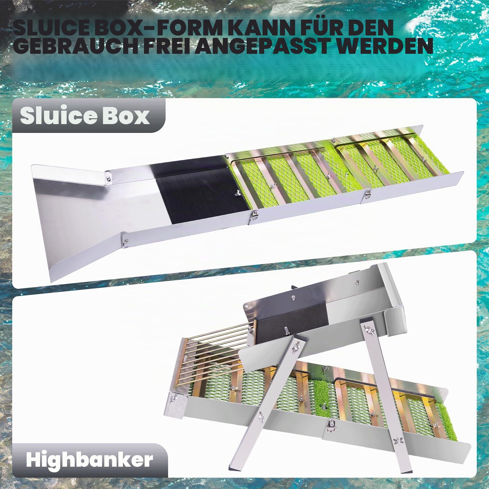 3 in 1 Highbanker Gold Panning Kit, verformbare 127 cm Faltbare Goldschleuderbox, tragbare Bergbauausrüstung für Erwachsene, 34 Stück, inklusive Goldpfanne, Klassifizier-Bildschirm, Magnet, Rucksack