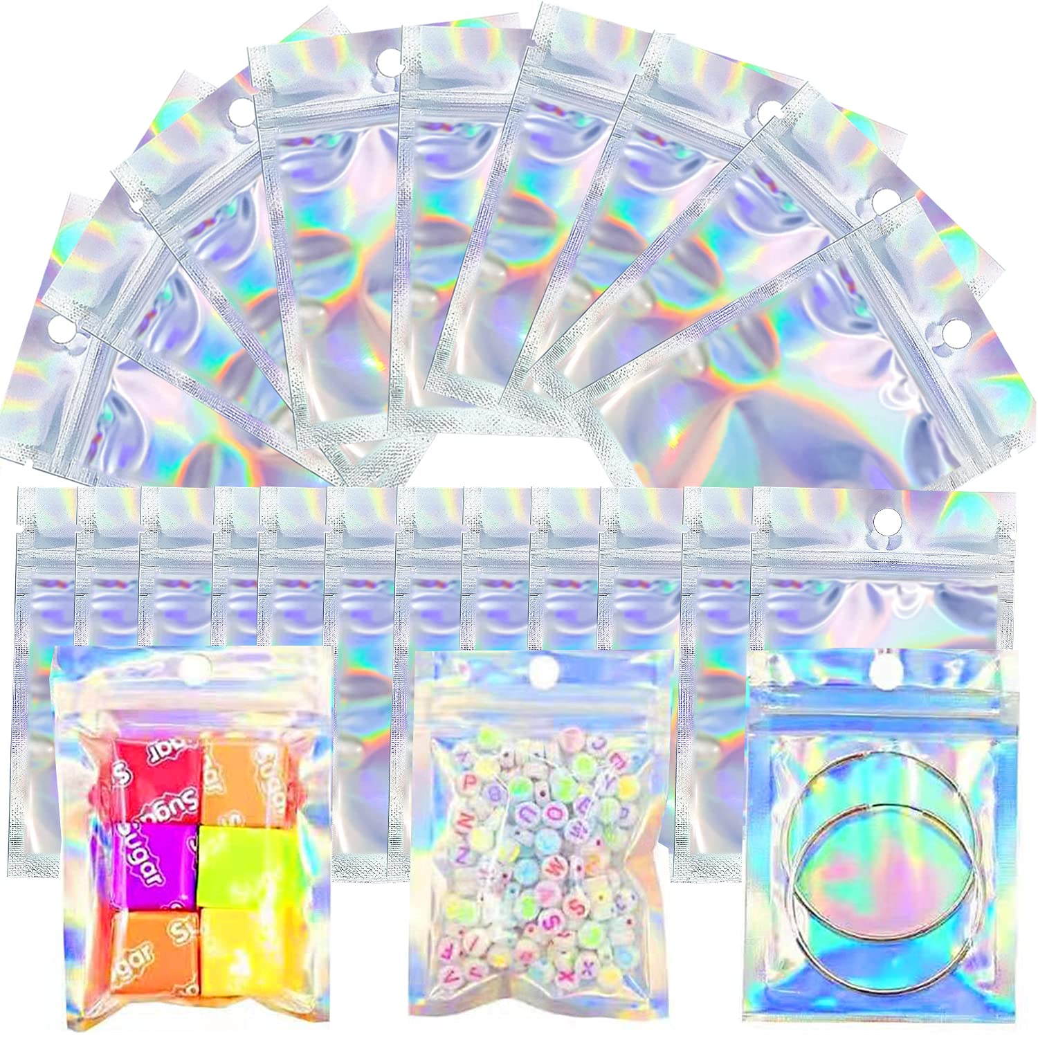 100 Pcs Mylar Bags Holographic Packaging Bags Small Sweet Bags Zip Lock Smell Proof Bags Candy Bags Resealable Foil Bags for Sweet Small Food Jewelry