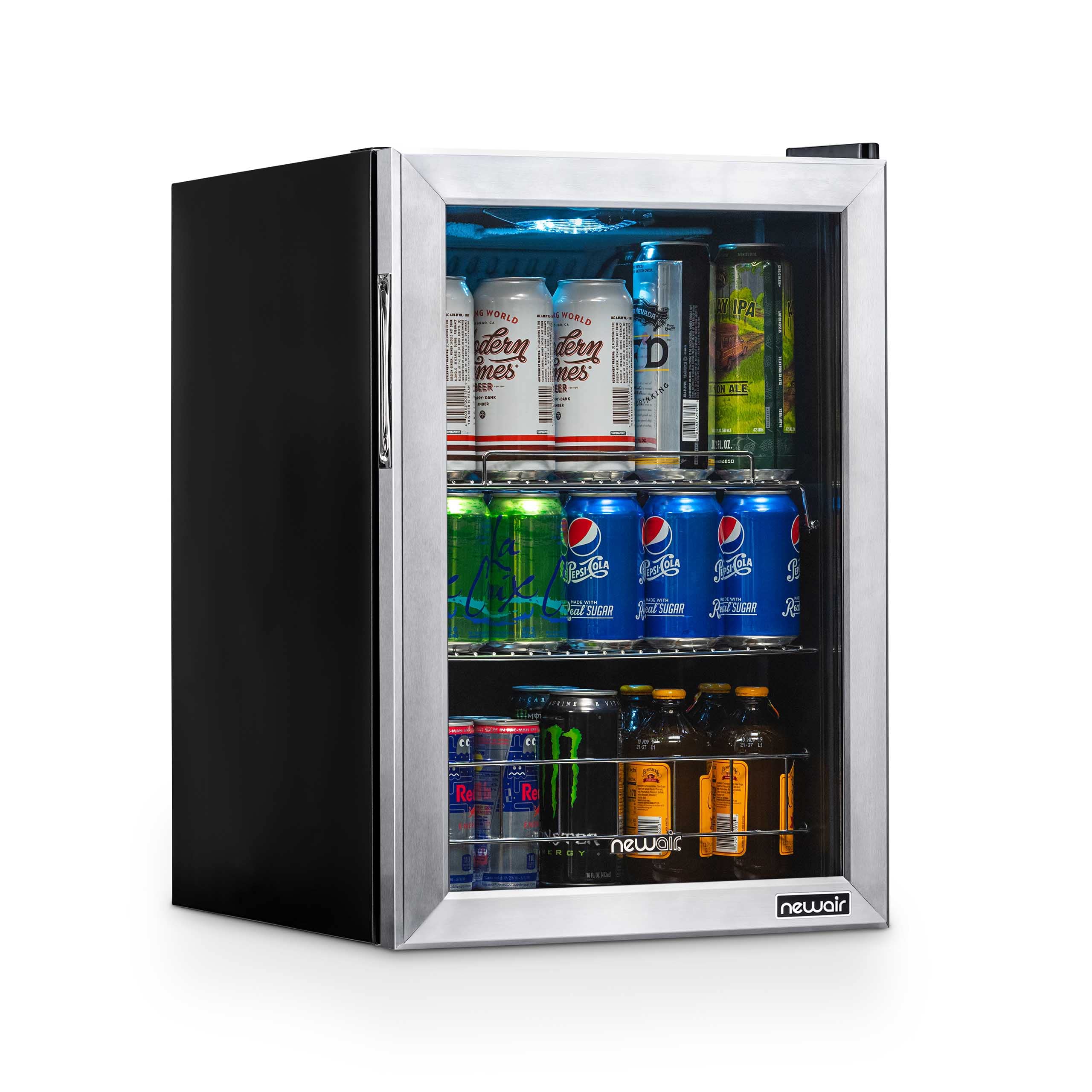 NewAir Beverage Refrigerator Cooler with 90 Can Capacity - Mini Bar Beer Fridge with Right Hinge Glass Door - Cools to 34F - AB-850 - Stainless Steel