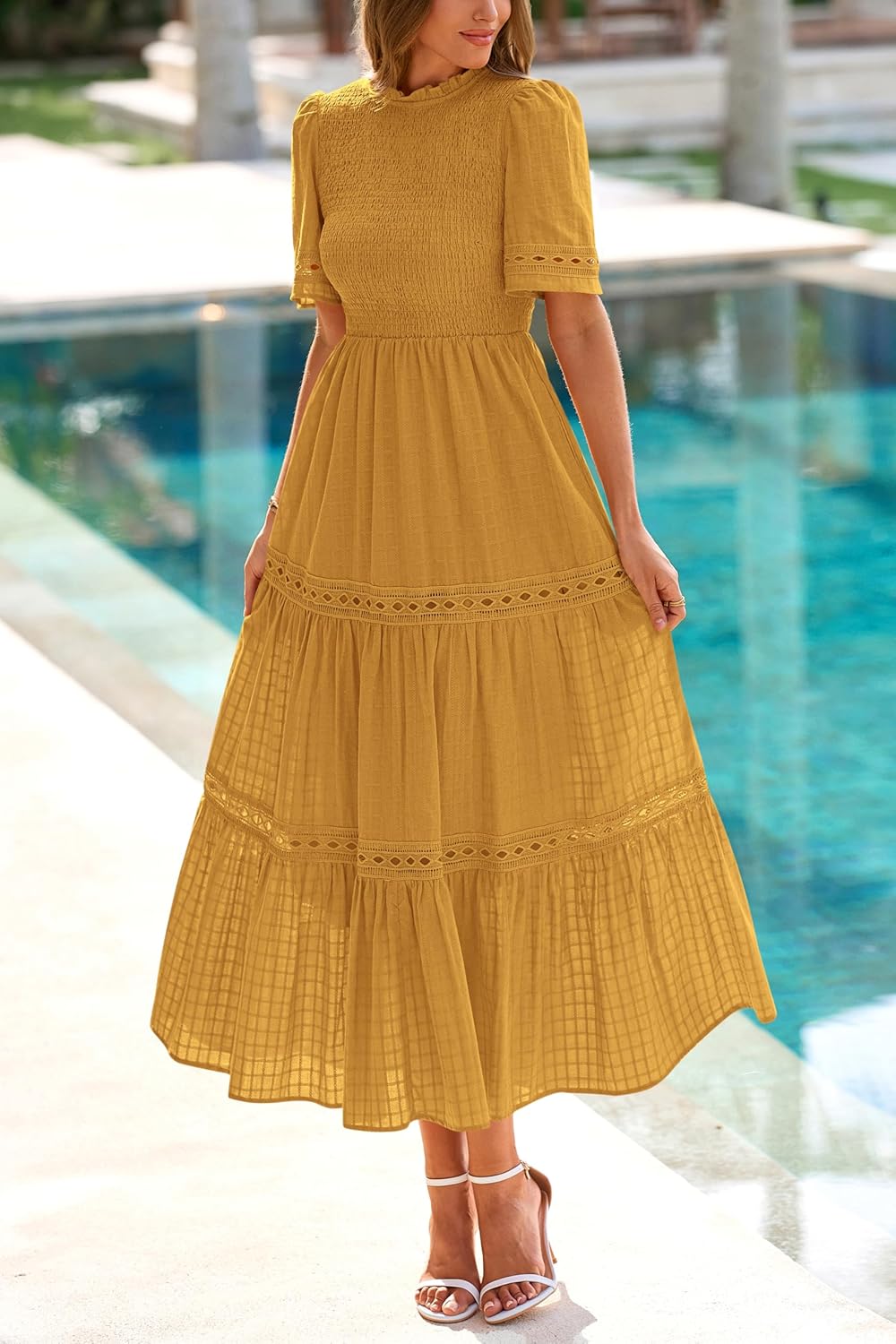 dowerme Summer Dresses for Women 2025 Casual Boho Hollow Out Short Sleeve Ruffle Mock Neck Smocked Maxi Gingham Sundress - Image 6