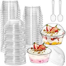 Foraineam 100 Pack 5 oz. Thick Plastic Dessert Cups with 100 Lids and 100 Spoons, Mini Clear Ice Cream Bowl Parfait Party Cups, Reusable Snack Serving Bowls for Desserts, Appetizers, Puddings, Fruits
