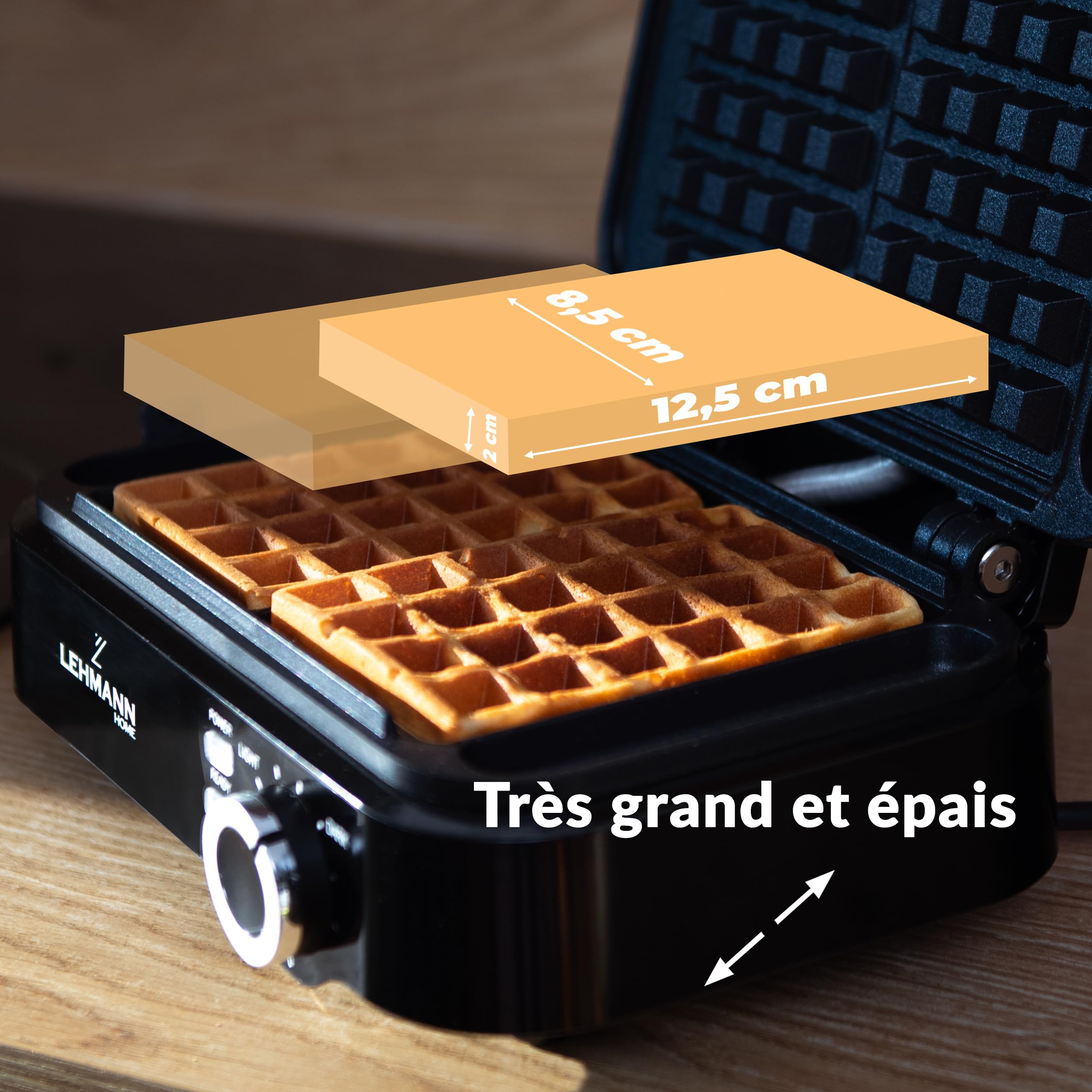 LEHMANN Gaufrier Double pour Gaufres Belge, 1200W, Gaufres 12,5 x 8,5 x 2 cm, Prêt en 3 Minutes, Réglage de la Température Jusqu'à 240°C, Revêtement Antiadhésif, Nettoyage Rapide et Facile