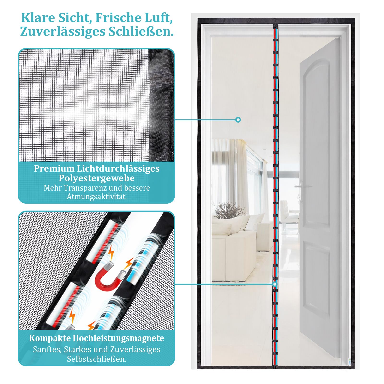 Apalus Prime Fly Screen Door, Magnetic Insect Protection Balcony Door, 90 x 210 cm, Translucent, Tear-Resistant, Weatherproof, Durable, Stronger Magnets Than the Classic, 3.8 cm Strap Top, Cannot Be Shortened - 4