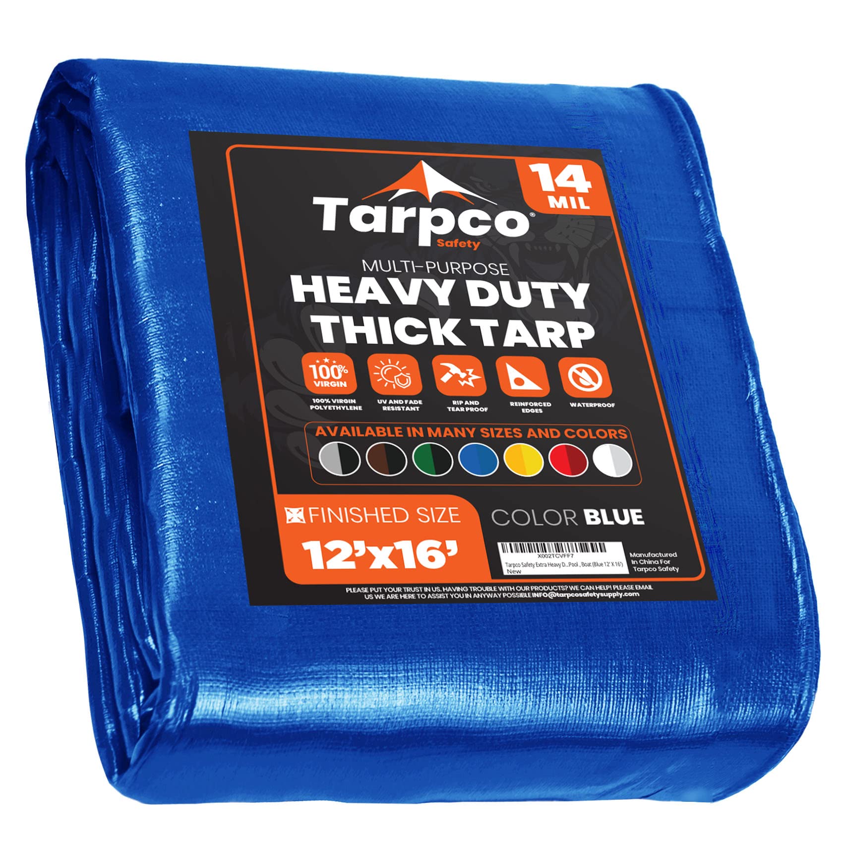 Extra Heavy Duty 14 Mil Tarp Cover, Waterproof, UV Resistant, Rip and Tear Proof, Poly Tarpaulin with Reinforced Edges for Roof, Camping, Patio, Pool, Boat (Blue 12′ X 16′)