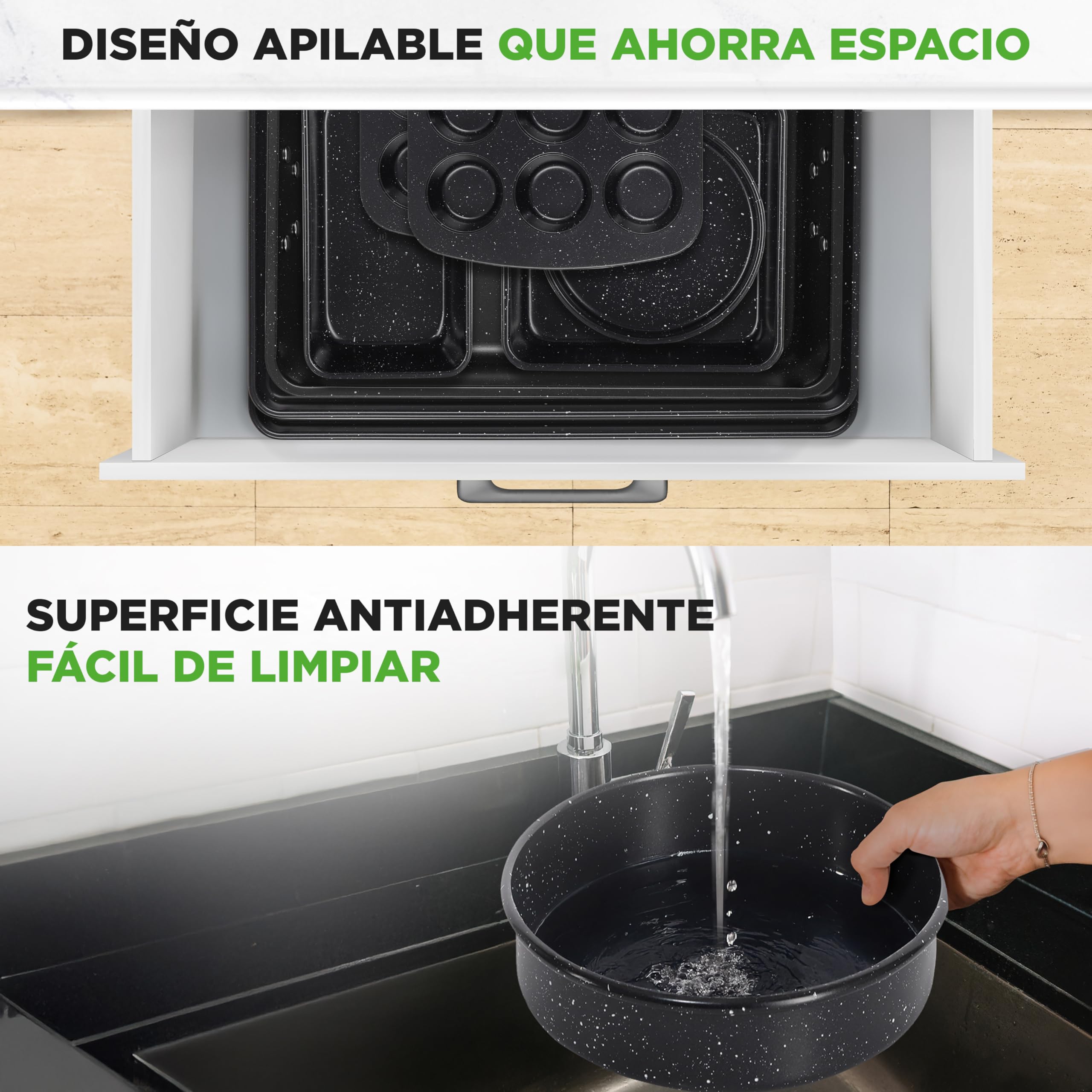 Nutrichef set de Moldes para Hornear, 8 piezas, Apilables, Acero al Carbono, Antiadherentes, Incluye bandeja, Sin PFOA ni PFOS, Apto para Horno hasta 232 °C