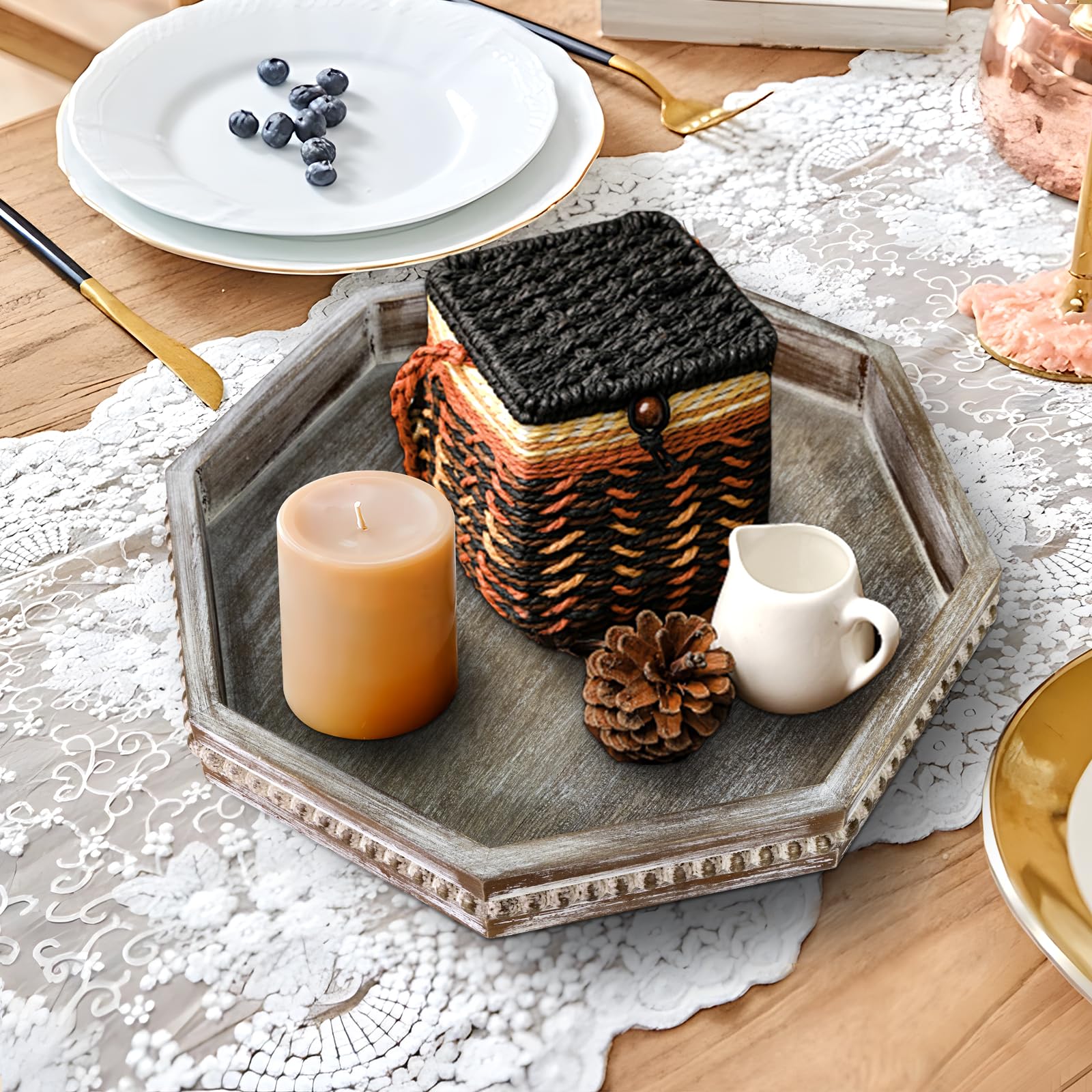 Bandeja decorativa de madera, bandeja pequeña para servir con cuentas de madera, bandeja grande de granja para otomana, encimera, mesa de café, 13 x 13 x 1.6 pulgadas (marrón retro)