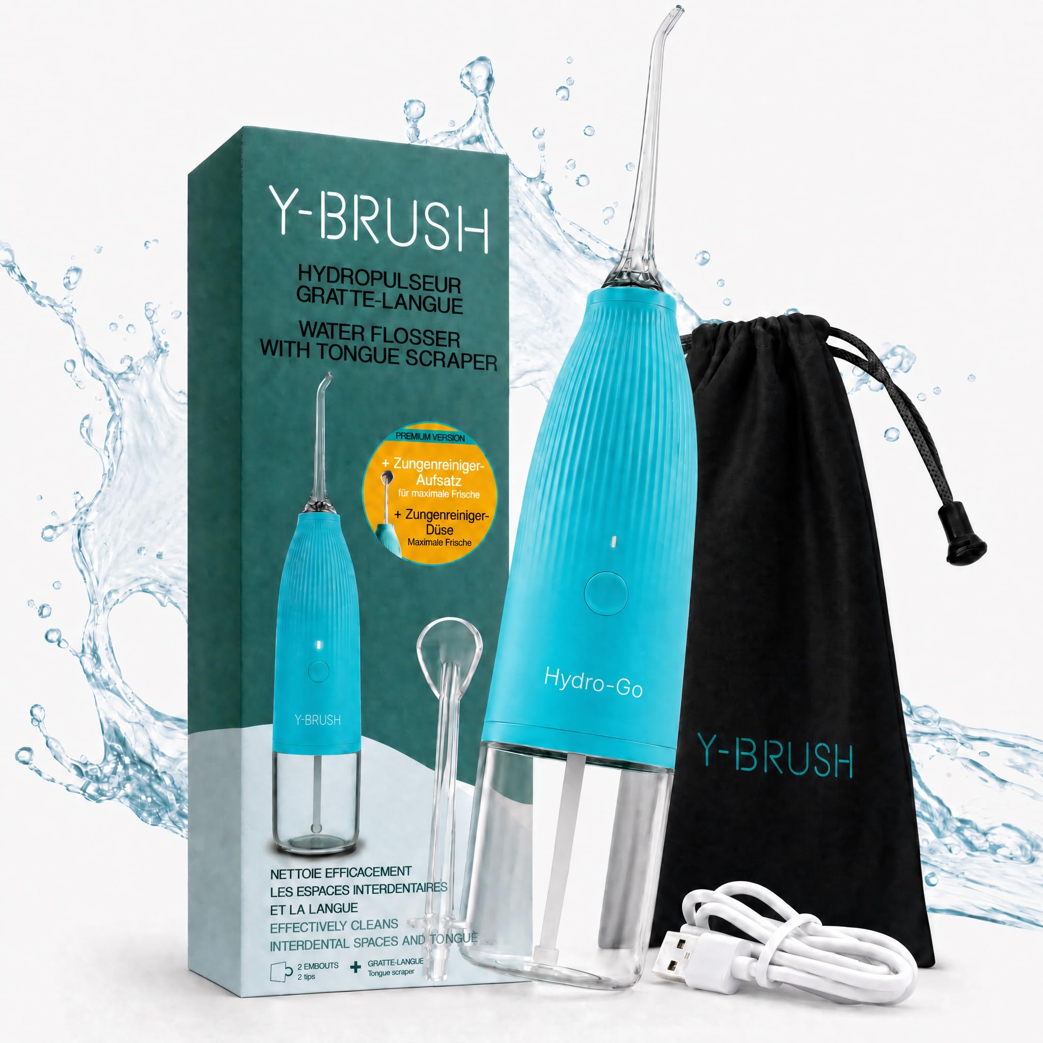 Hydro-Go Zahnzwischenraumreiniger, kabellos, mit integriertem Zungenreiniger, tragbar, wasserdicht, 1 Monat Laufzeit | Biotech Dental, Nr. 1 des Implantats | kabellos, kompakt | 100 ml Tank | Zungenreiniger inklusive | Akku | USB-C