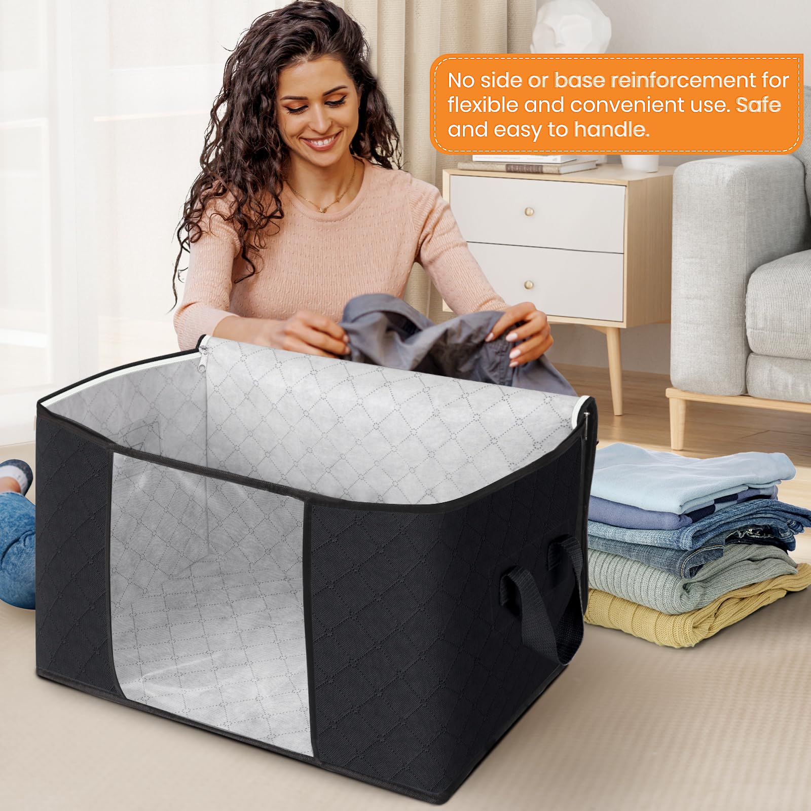 Fab totes Almacenamiento de ropa de 90 L, bolsas plegables de tela gruesa para almacenamiento de mantas, contenedores para organizar dormitorio, armario, ropa, edredón, organización con asa (paquete