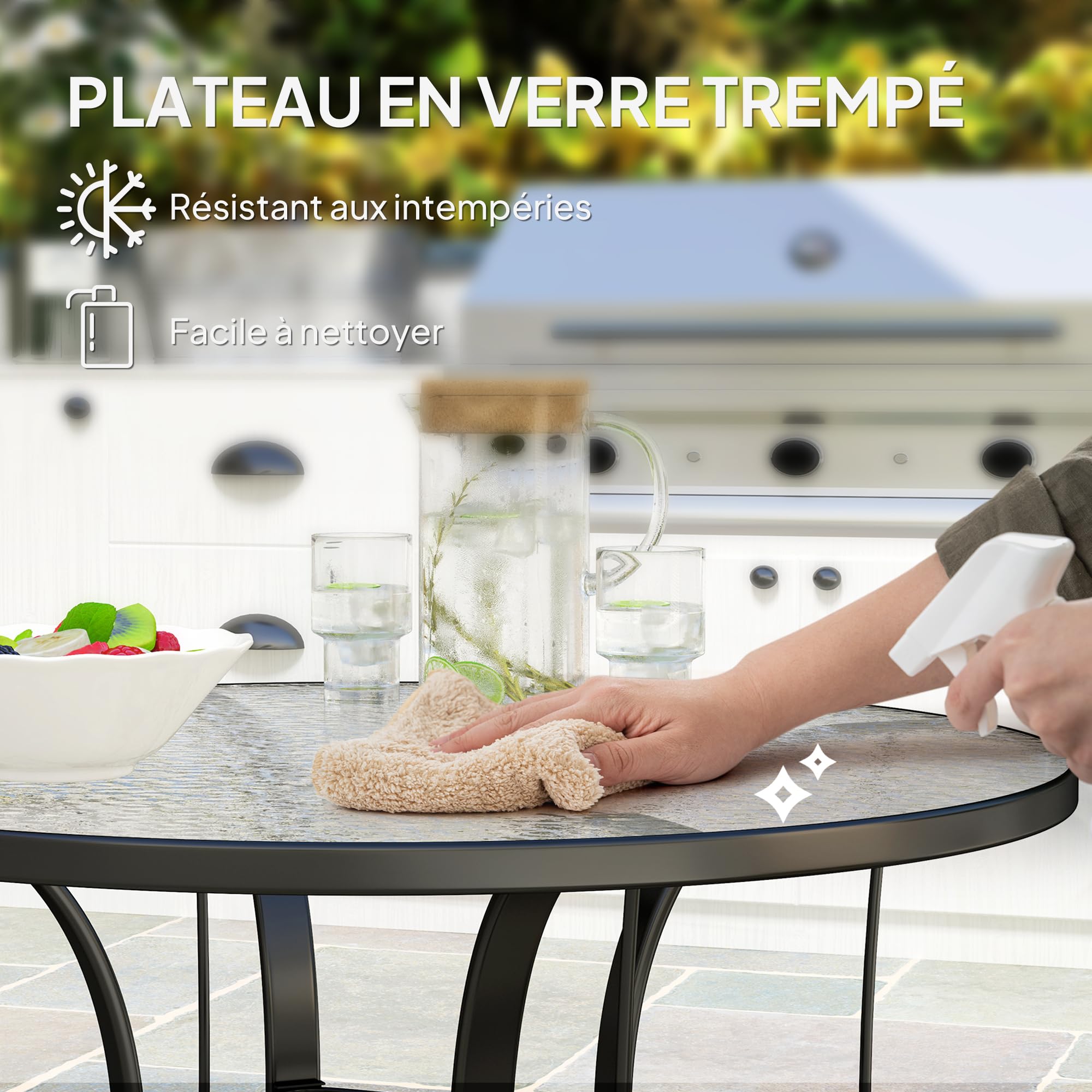 Outsunny Table de Jardin Ronde Ø96.5x71 cm Verre Trempé Métal Noir avec Trou pour Parapluie