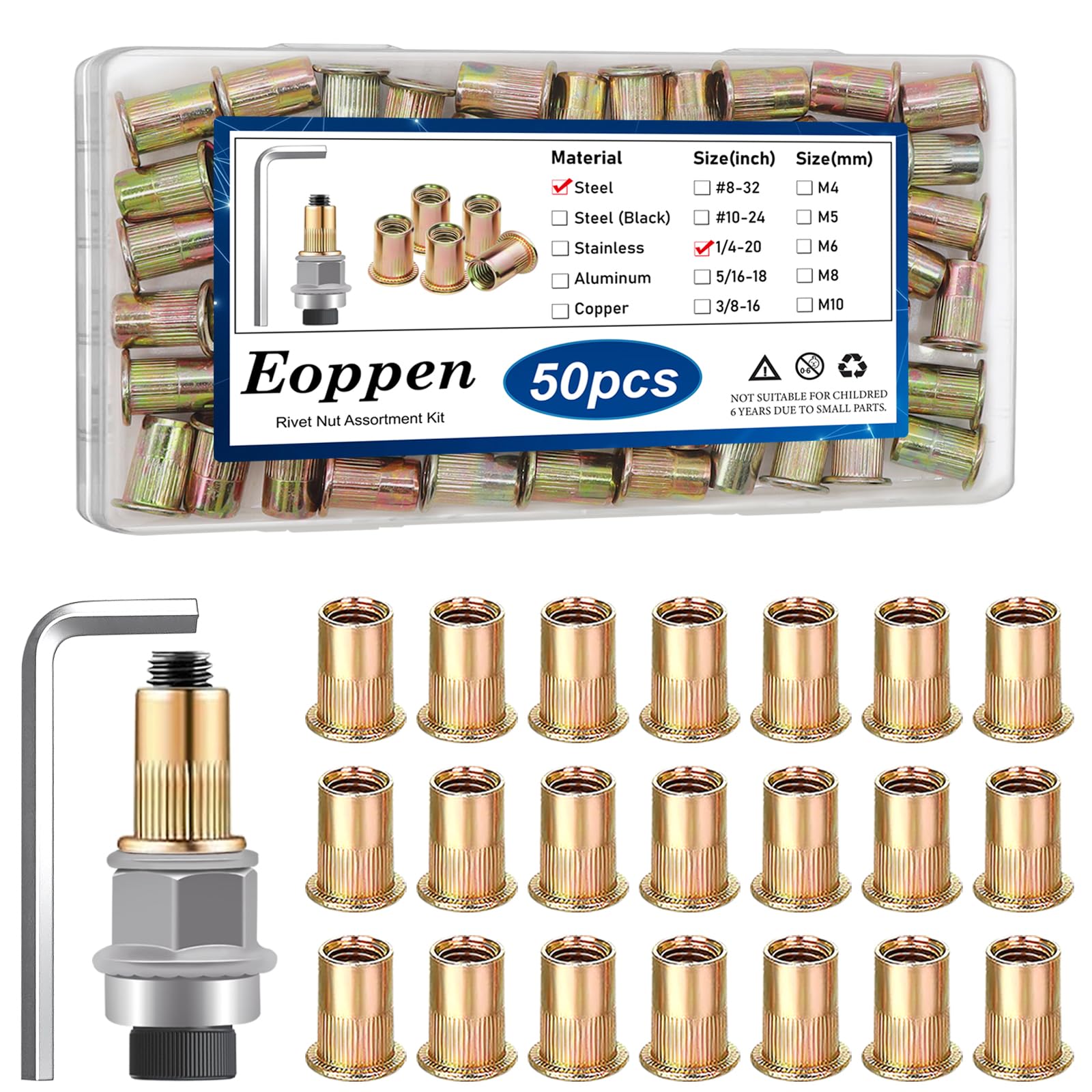 Eoppen 50Pcs 1/4-20 Rivet Nuts with Hand Rivet Nut Tool, Carbon Steel Flat Head Threaded Insert Nut Kit for Furniture, Automotive, Marine and Decoration