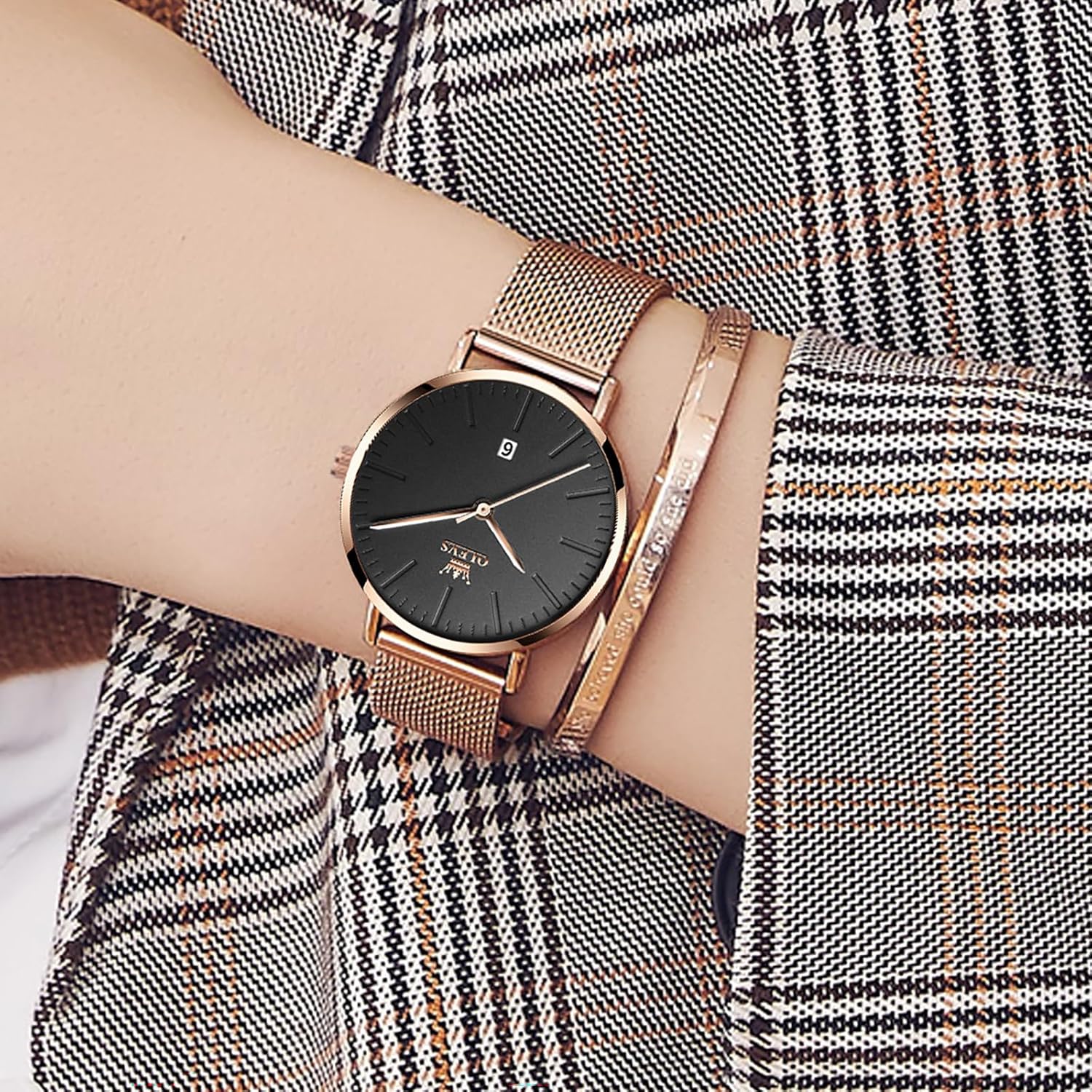 OLEVS Women Watches, Elegant Rose Gold Small Wrist Ladies Watch, Sophisticated Waterproof Mesh Bracelet Quartz Watch for Women - Image 8