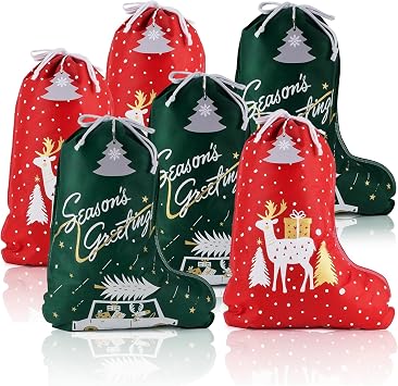 OYATON Set of 6 Christmas Stocking-Shaped Gift Bags - Fabric Drawstring Wrapping Bags with Tags & Festive Designs for Christmas Presents, 20"x15.6"