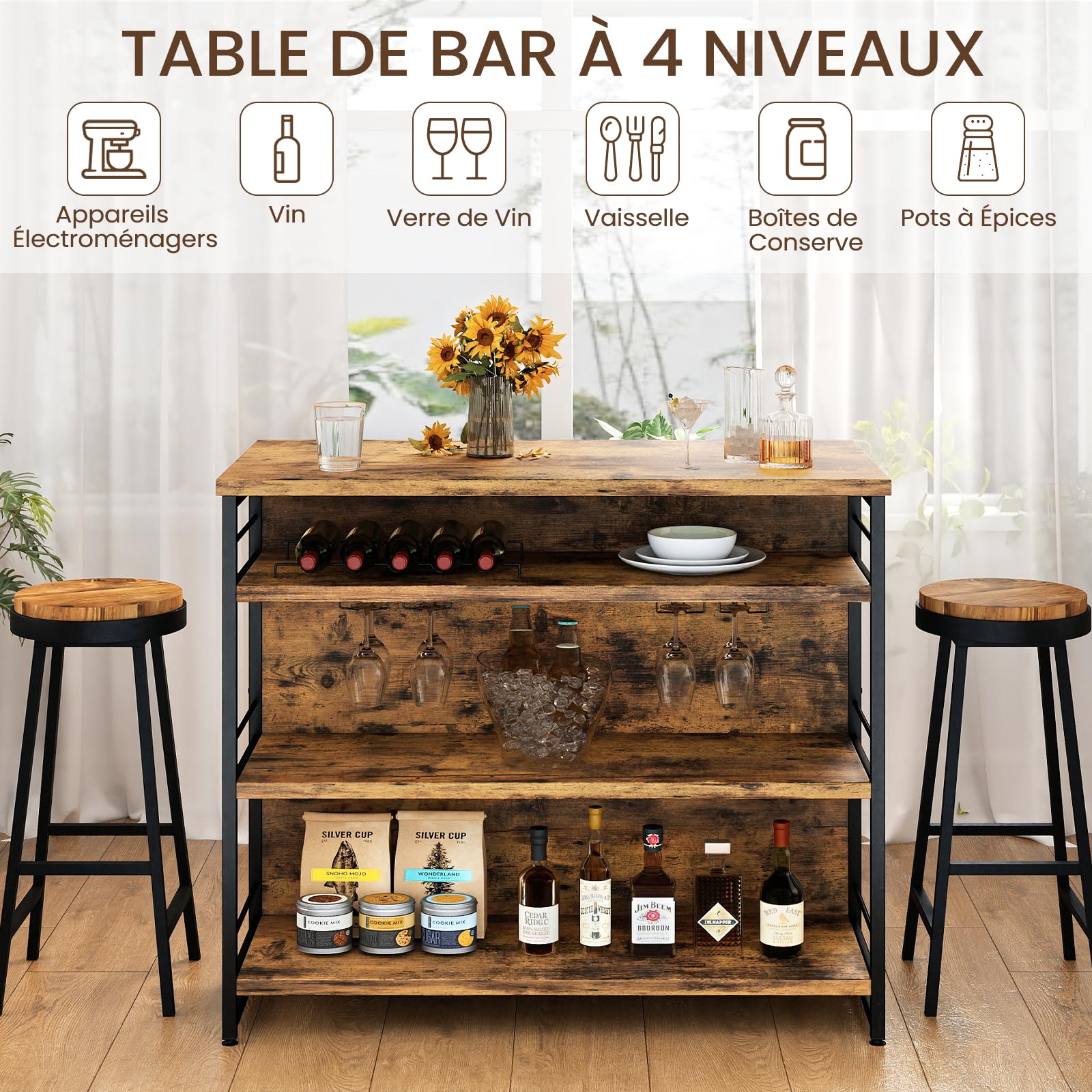 GIANTEX Ilot Central Cuisine avec Plan de Travail, Table de Bar à 4 Niveaux avec Porte-Bouteilles, Porte-gobelets, Casier à Vin et Supports pour Verres à Pied, 60 x 120 x 101 CM (Marron)
