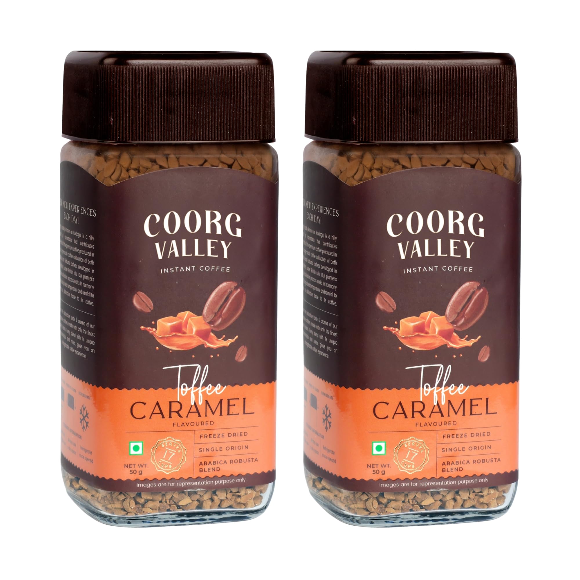 Coorg Valley Toffee Caramel Instant Coffee | 50g x 2 | Flavoured Coffee | Premium Blend of Robusta & Arabica | Freeze Dried | Make Café Style Hot & Cold Coffee at Home