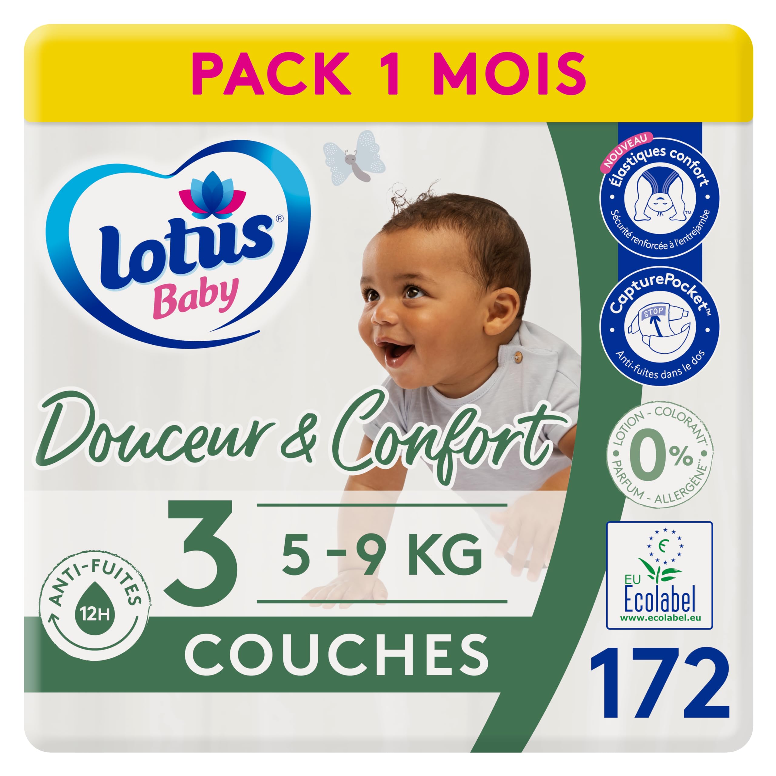 Lotus Baby Douceur Naturelle – Windeln Größe 3 (5-9 kg) Pack 1 Monat – 172 Windeln