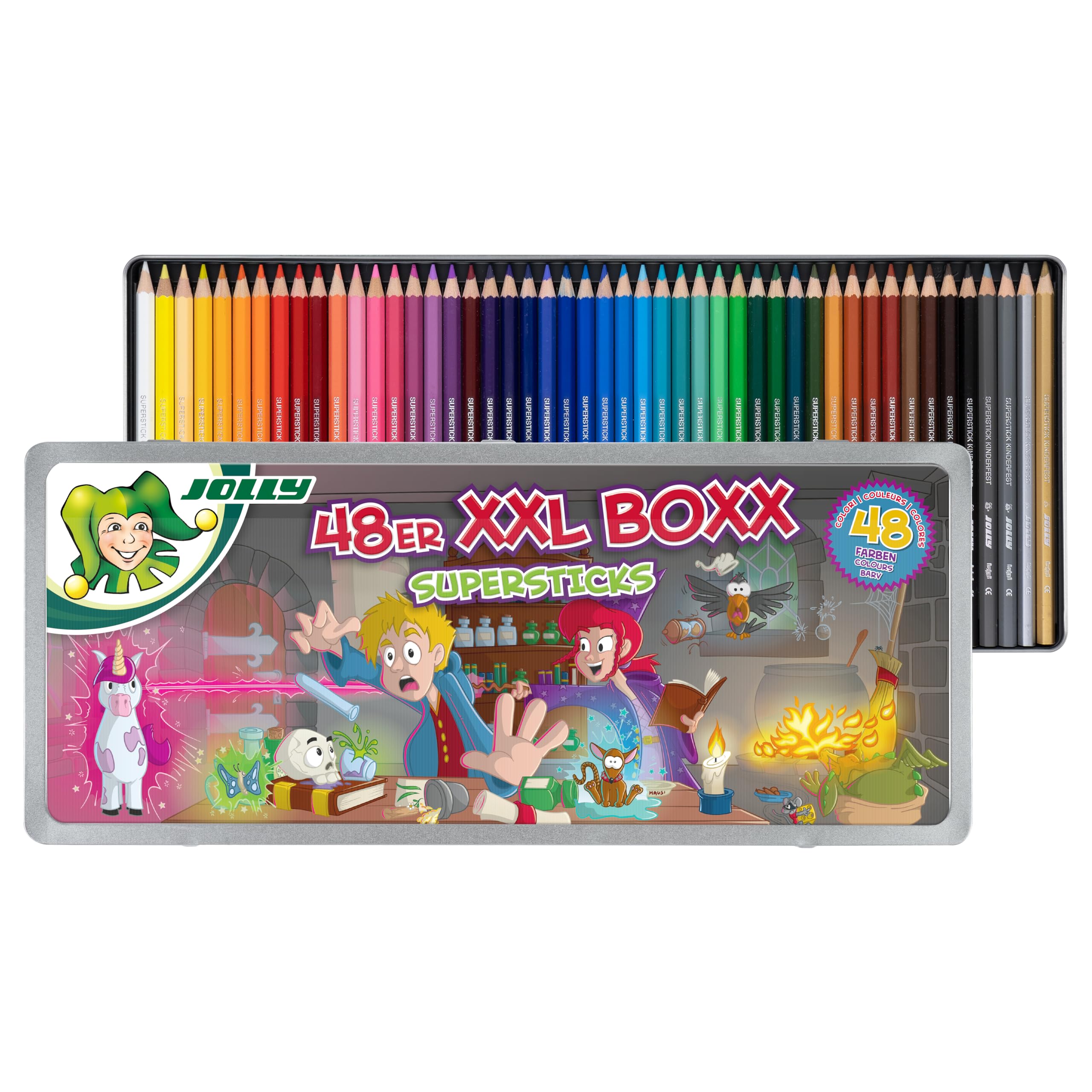 JOLLY, Boxx Magic, 48 penne colorate in legno di tiglio, infrangibili e atossici, colori ricchi e brillanti, con righello, made in Austria