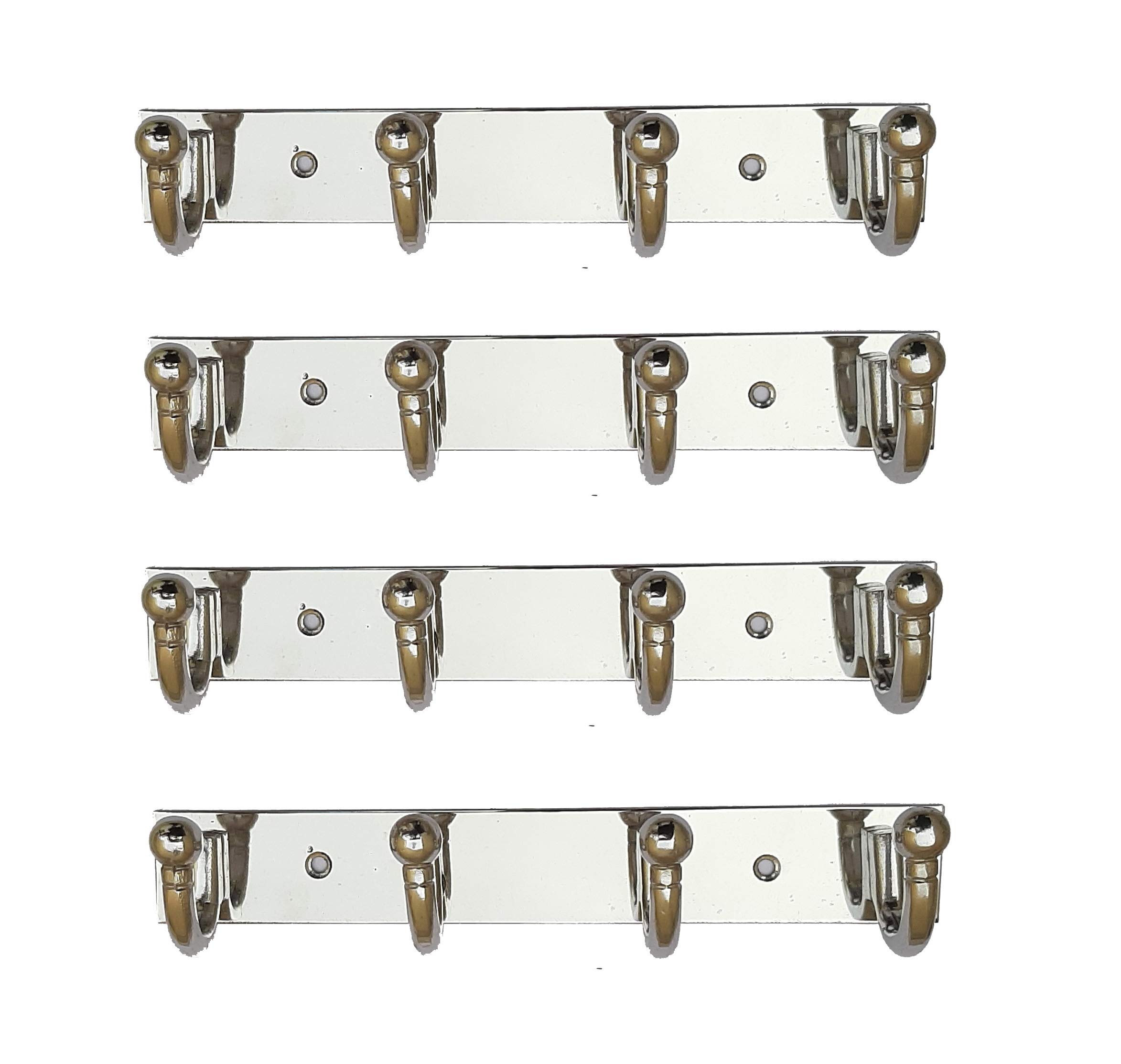 Vijaya Sales Stainless Steel 4 Point Round Hook Rail Cloth Hanger (KHUTI) for Doors and Walls - Pack of 4