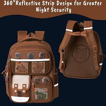 Capybara School Bag with Large Capacity Reflective Strips for Boys Girls Cute Cartoon Animal Backpack with Card Badge and Keychain Waterproof Multi-Compartment Rucksack for Student Kids