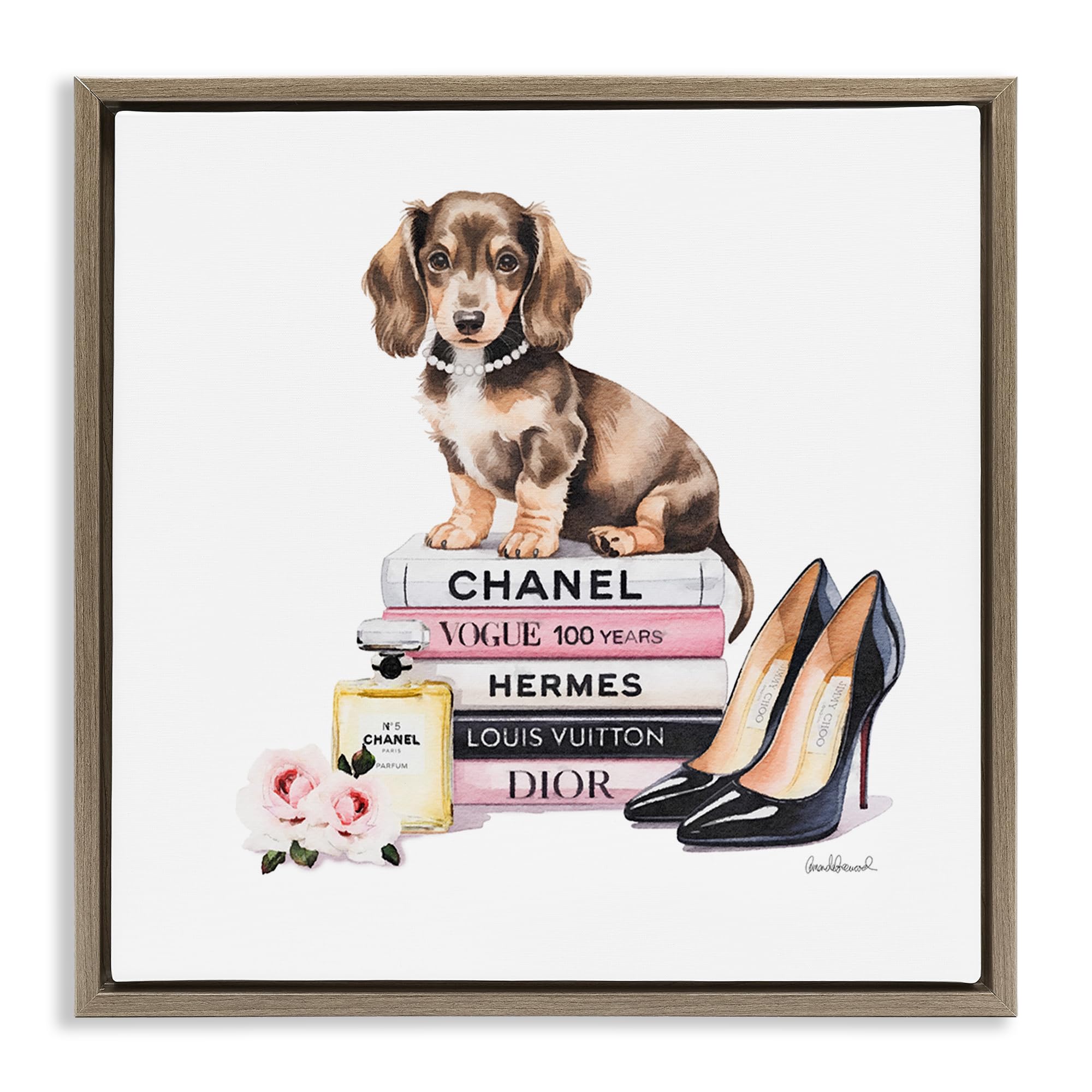 Stupell Industries Montalcino Elm (Textured) Luxury Fashion Books And Dog Chic, 17 X 17 Inch Canvas In Floater Frame
