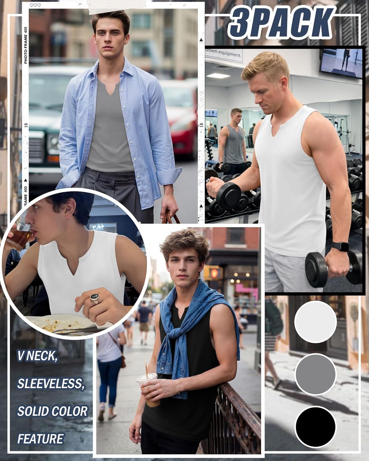 Riyiper 3 Pack Men's Sleeveless Tank Tops, V Neck Longline Henley T Shirts Casual Basic Muscle Shirts Stretch Athletic Tee