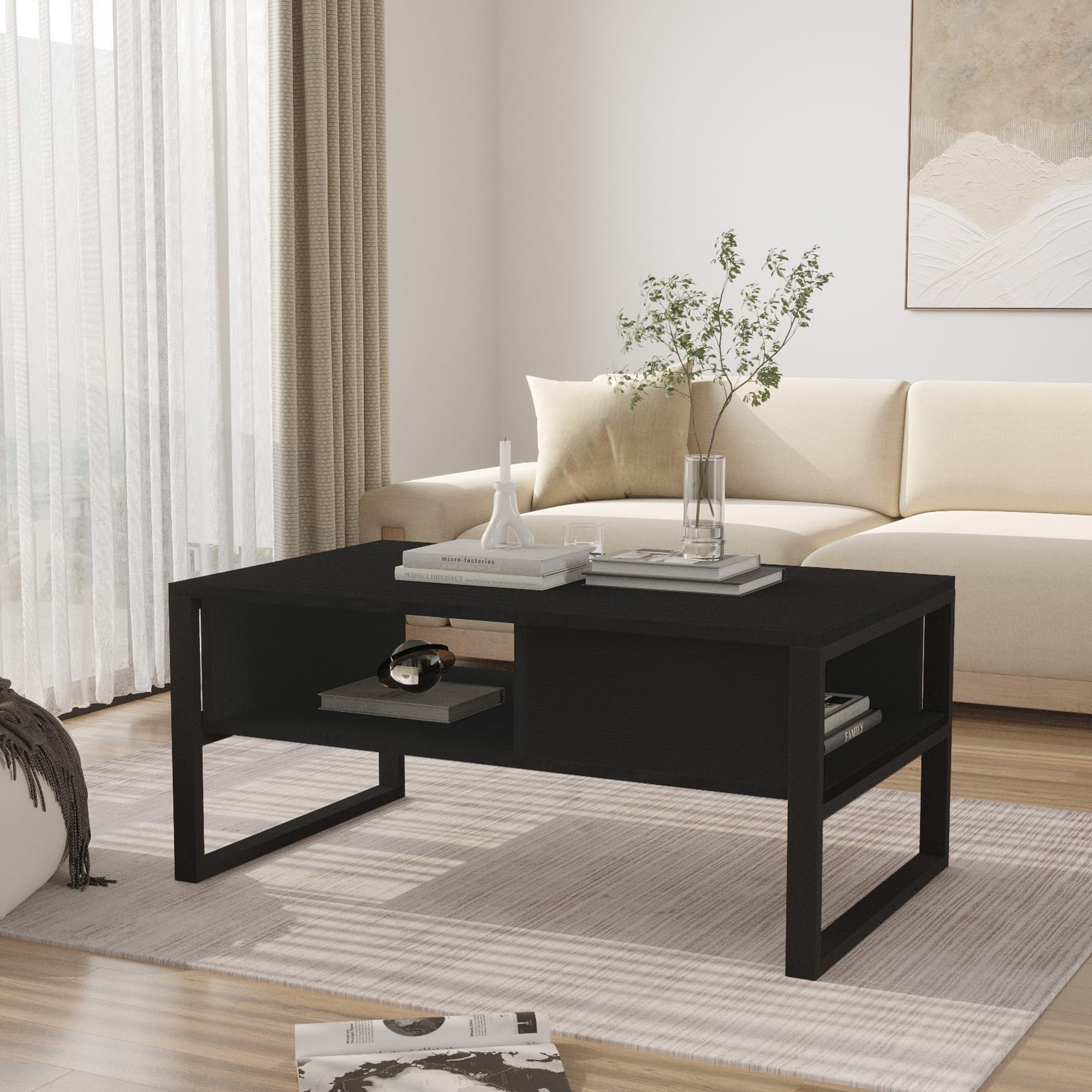 [en.casa] Couchtisch Laukaa Wohnzimmertisch Tischplatte rechteckig Beistelltisch 100 x 60 x 45 cm Sofatisch Stauraum Schwarz