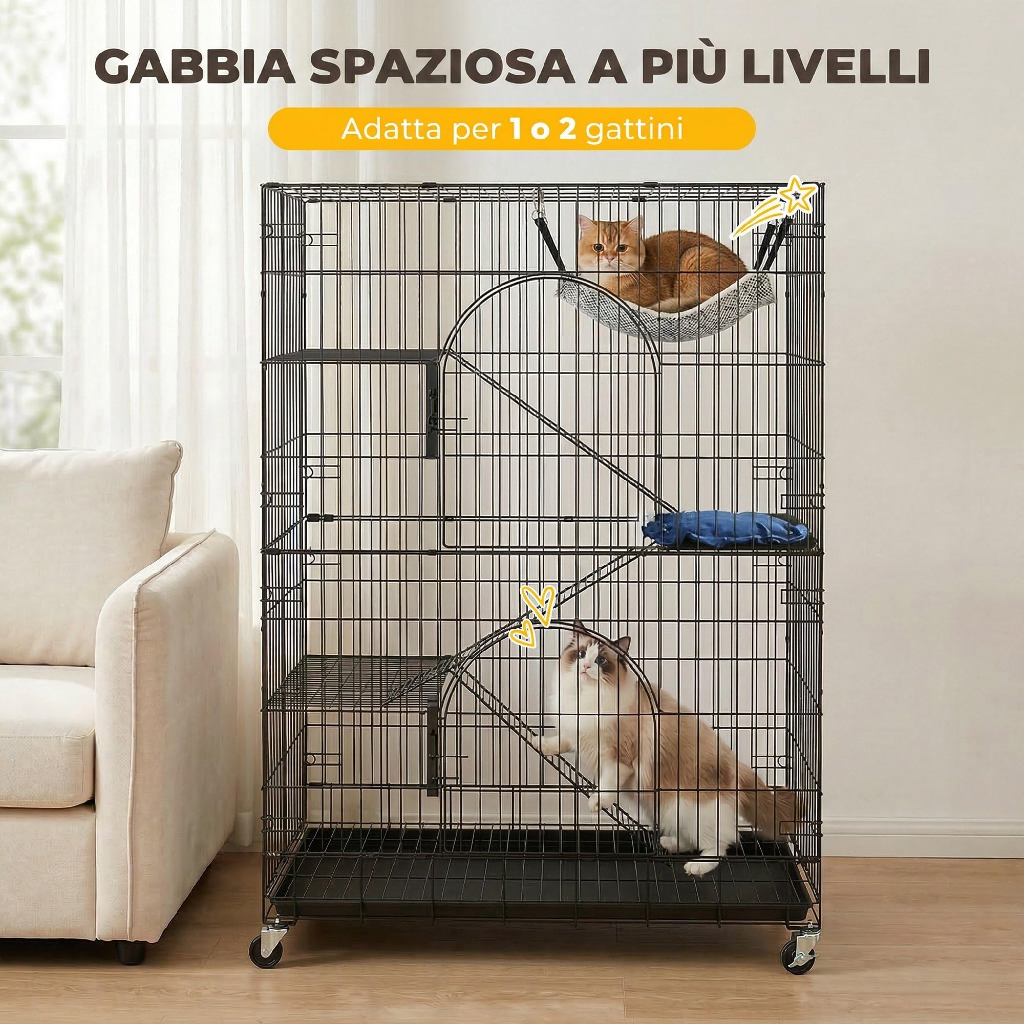 PawHut Gabbia per Gatti Grande 4 Livelli con Ruote, Recinto per Gatti da Esterno ed Interno in Metallo, Vassoio Estraibile, Amaca, Letto, Rampe, Piattaforme, per 1-2 Gatti, Scoiattoli Cincillà, Nero
