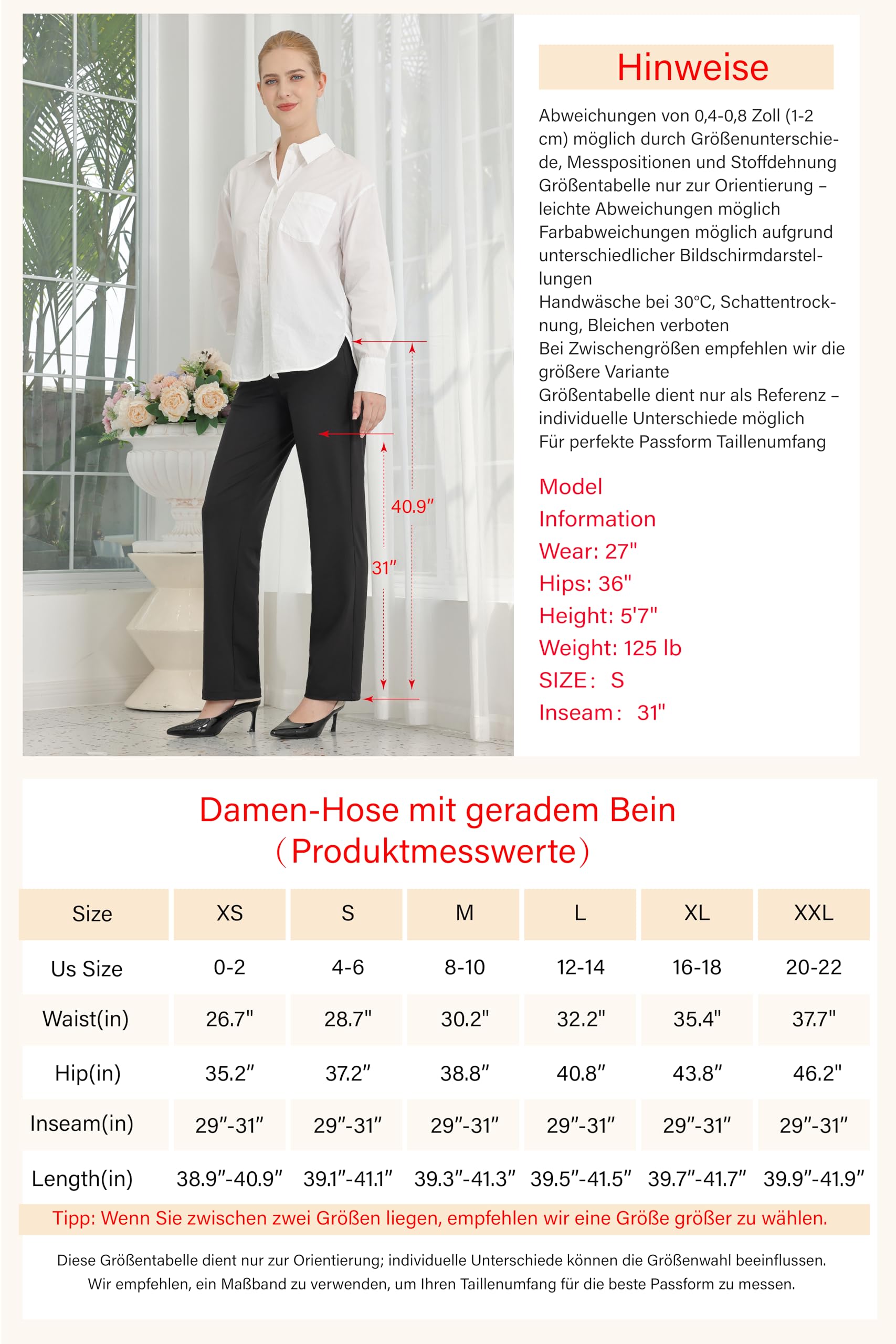 Bamans Pantaloni da donna a righe dritte, per lavoro, ufficio, con tasche, nero/29 petite, L | Pantaloni eleganti e alla moda, vestibilità ampia, ideali per lavoro, ufficio e vita quotidiana