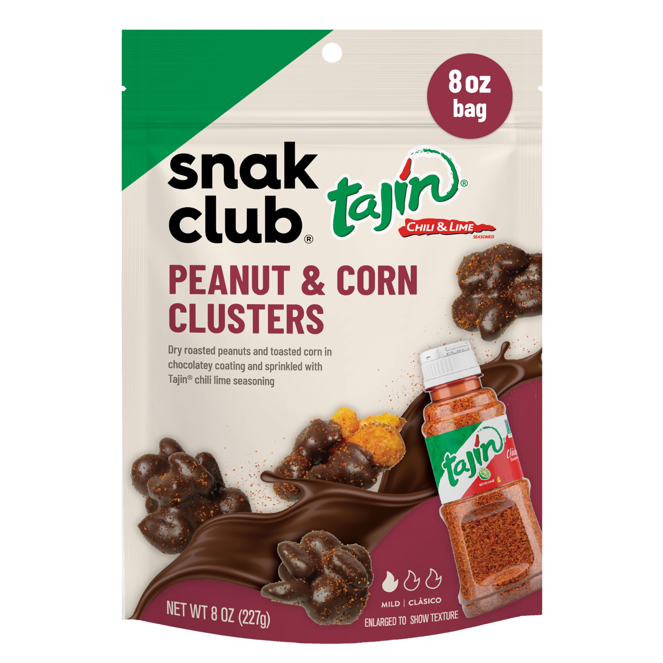 Tajin Chocolatey Peanut and Corn Clusters, Chocolate Covered Dry Roasted Nuts and Toasted Corn Nuggets with Chili and Lime Seasoning, Mild, 8 oz Resealable Bag