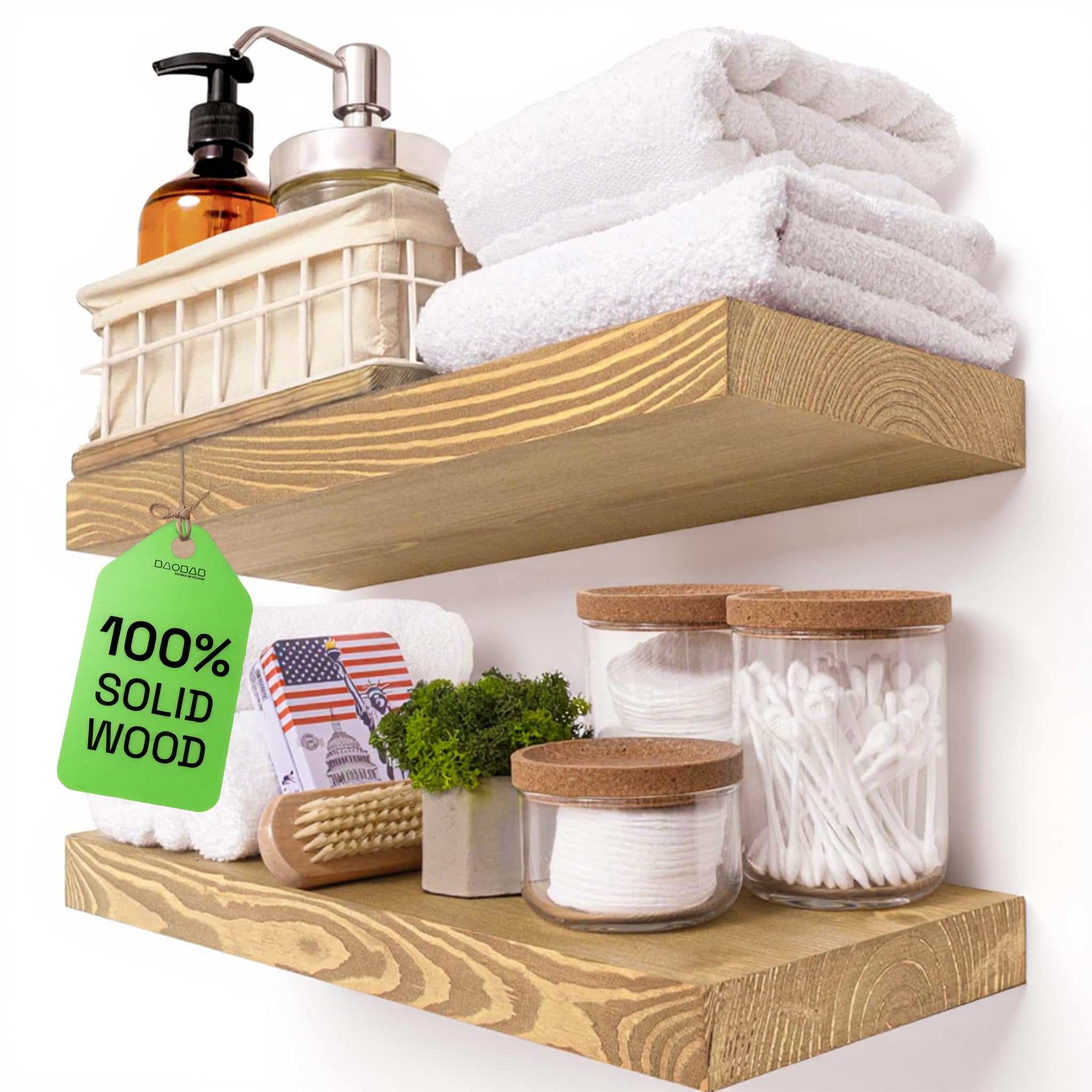 BAOBAB WORKSHOP Natural Wood Floating Shelves for Wall 16 inch - Floating Wall Shelves for Kitchen Bedroom - Wooden Bathroom Shelves - Floating Shelf - Oak Finish, 16" W x 6.7" D x 1.2”H