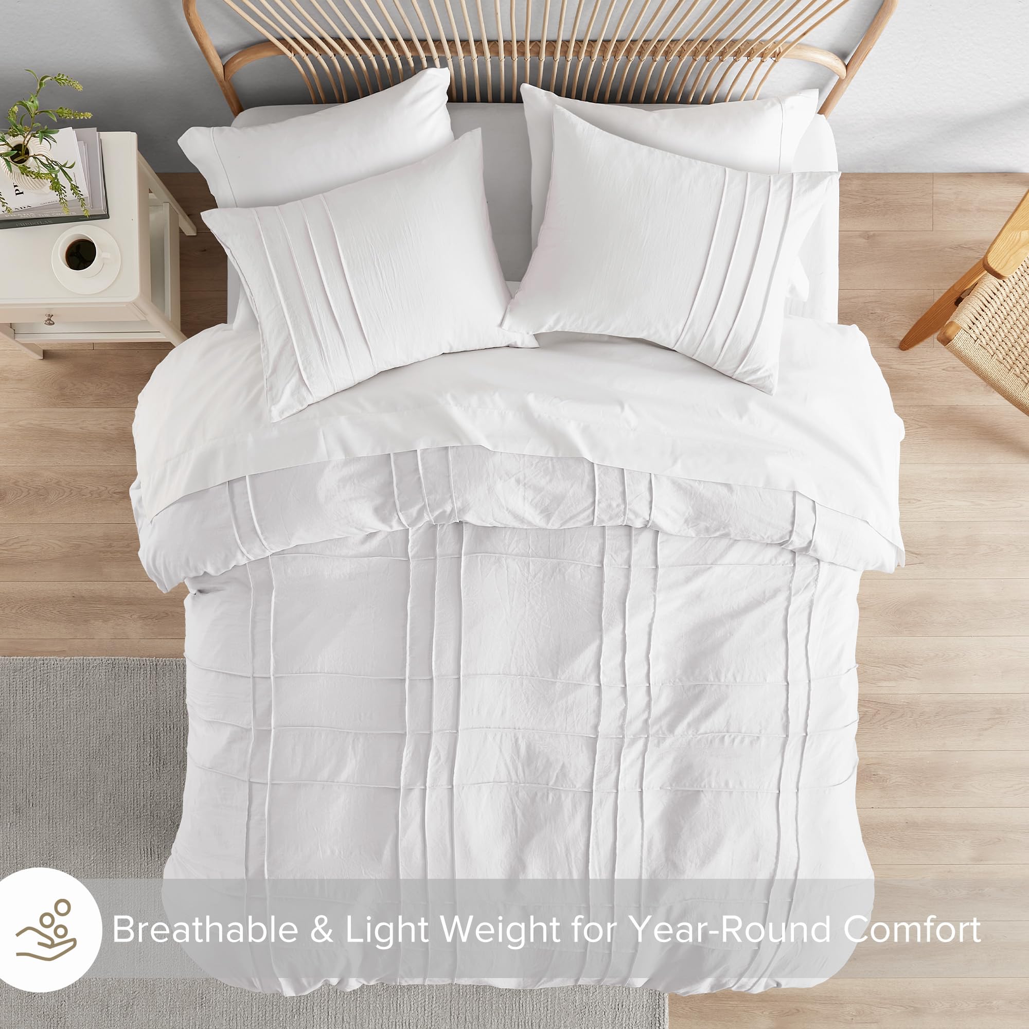 Comfort Spaces White King Size Duvet Cover Set, 3 Pieces Pintuck Pleated Duvet Cover King, All Season Lightweight - Image 4