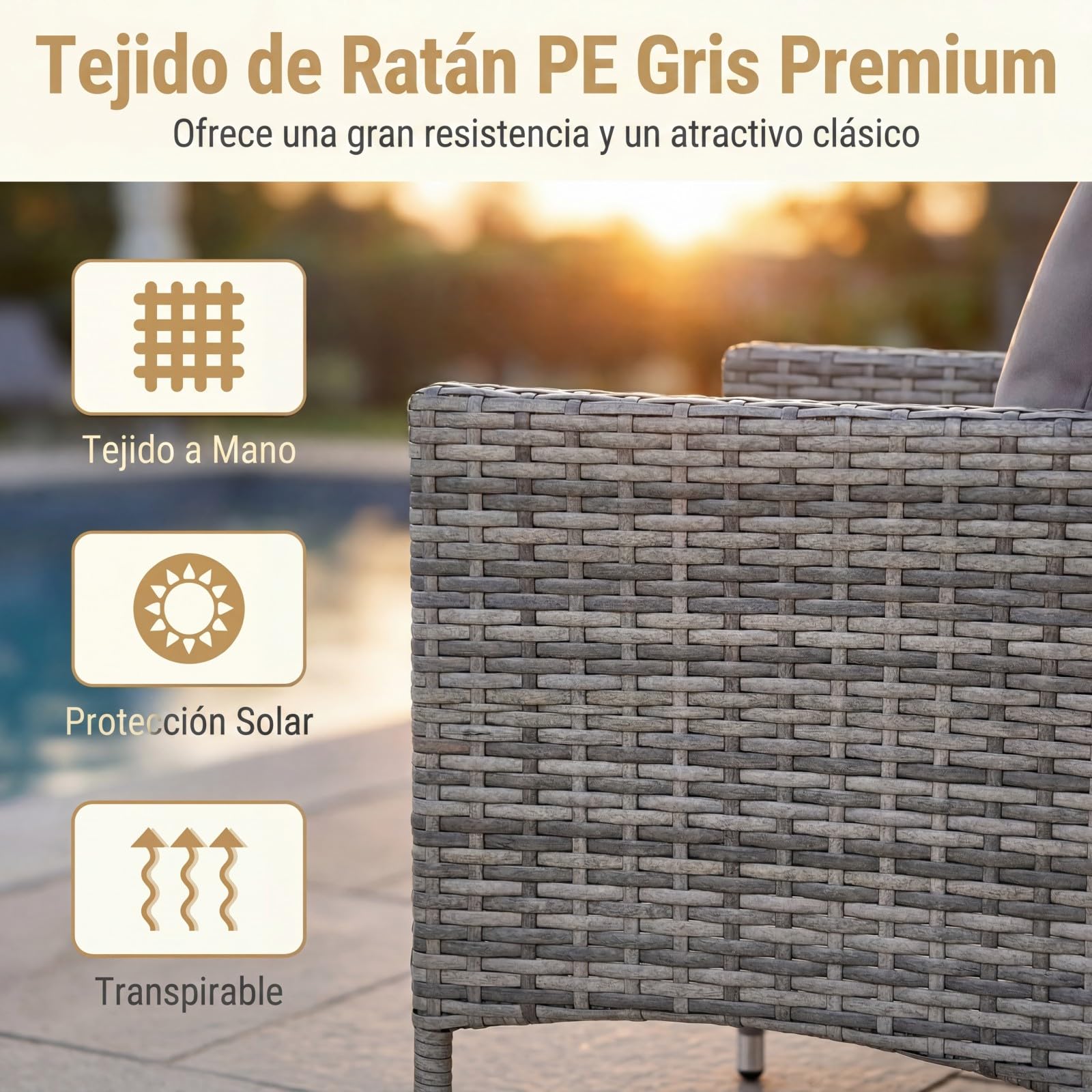 GIANTEX Juego de Muebles de Jardín 3 Piezas, 2 Sillones con Cojines y 1 Mesa con Tablero de Cristal, Conjunto de Muebles de Ratán para 2 Personas, Juego de Bistró para Balcón, Patio (Gris)