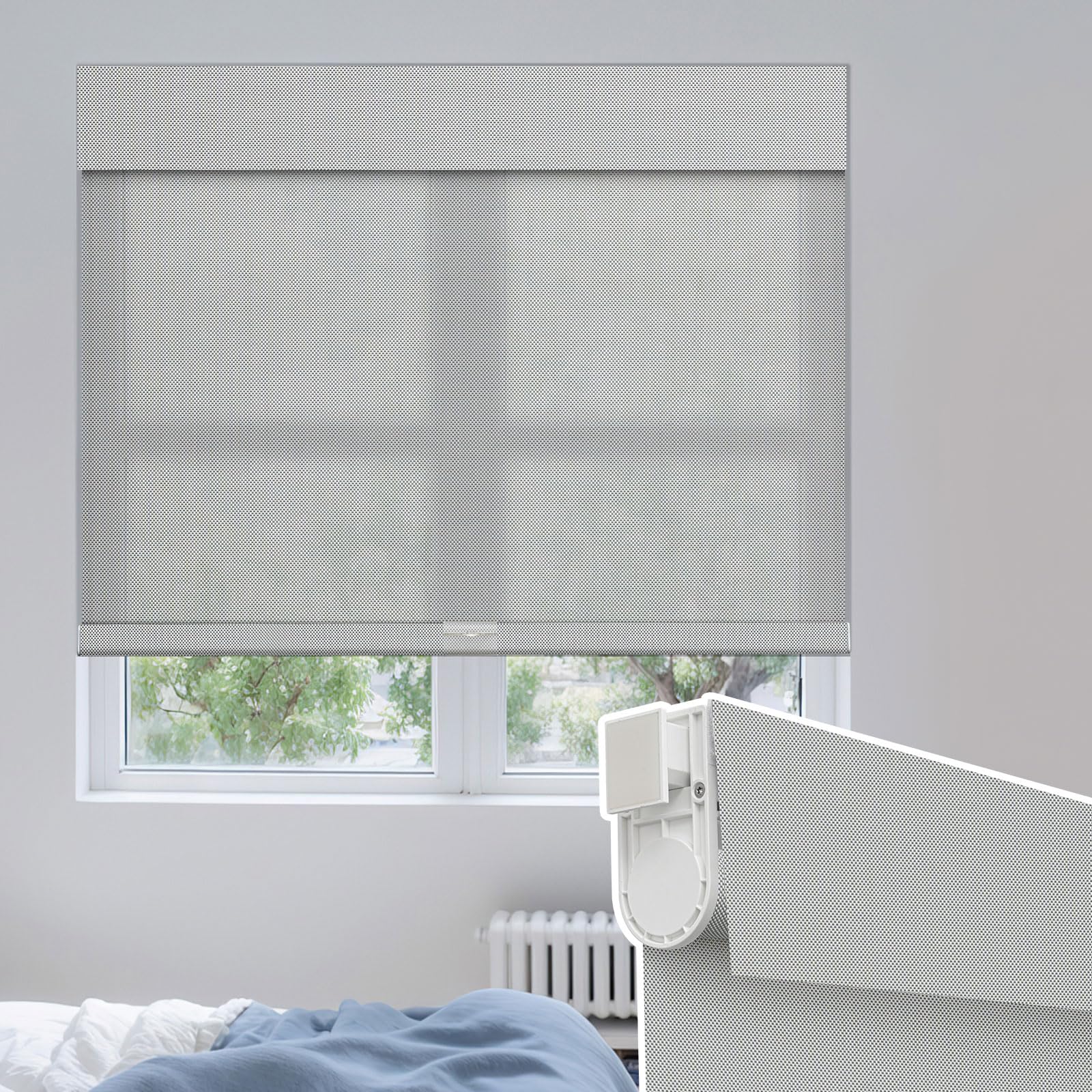 UrMoon No Drill Cordless Roller Blinds for Windows,Thermal Blackout Insulated UV Protection Waterproof Window Shades for Home Ofiice Bathroom Kitchen(Light Filtering-Light gray,124cm W*150cm H）