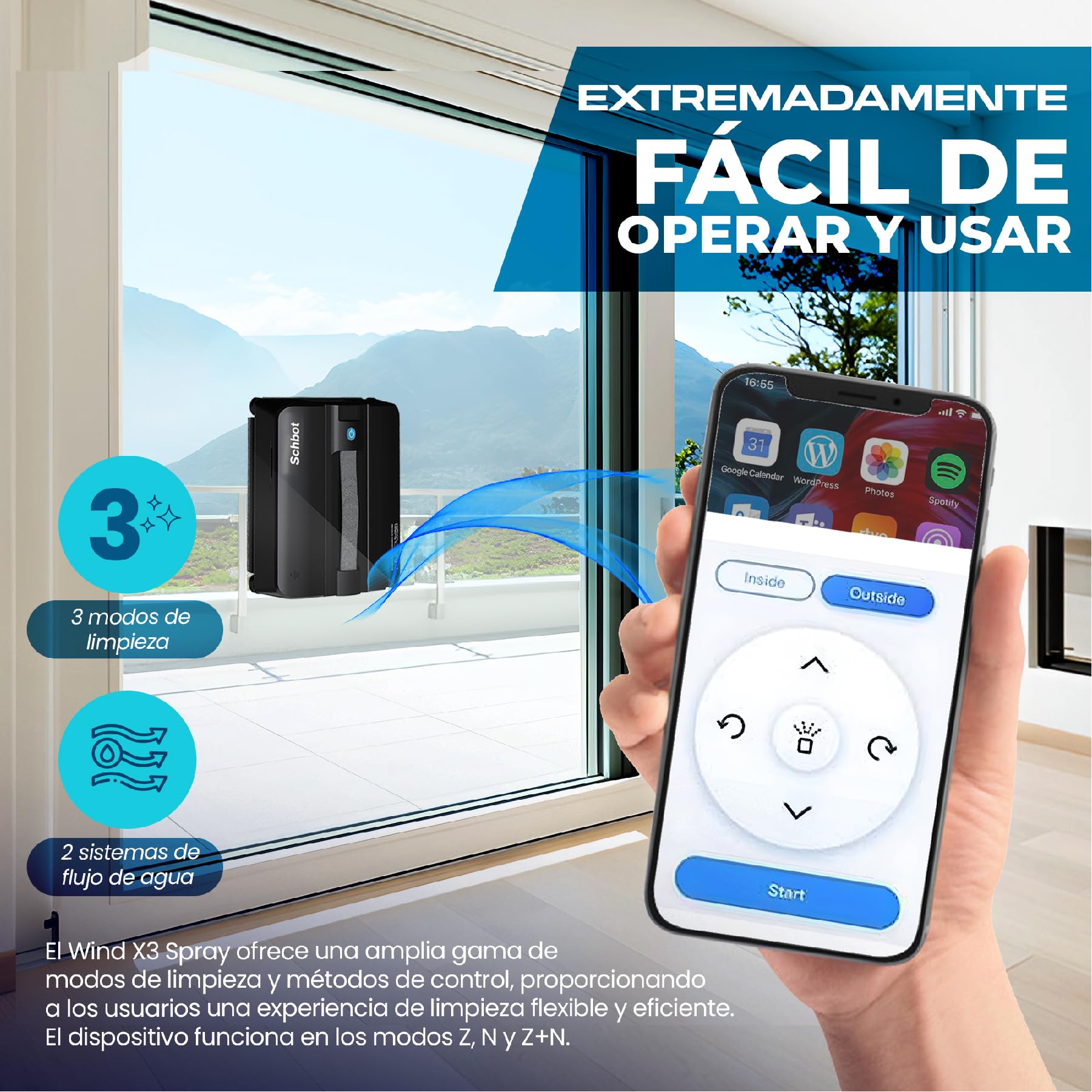 Wind X3 Robot Limpiacristales con Spray Automático - Limpia cristales Electrico Anticaídas para Espejos y Superficies Lisas, Limpia Cristales Ventanas Eficazmente sin Dejar Marcas