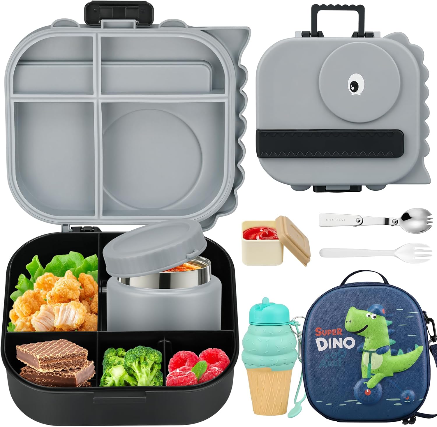 Lunch Box with 13oz Soup Thermo for Hot Food Kids Insulated Food Jar Container with Silicone Water Cup and Spoon & Fork Leak Proof Bento Box Set with 5 Compartment Lunch Bag for School Travel