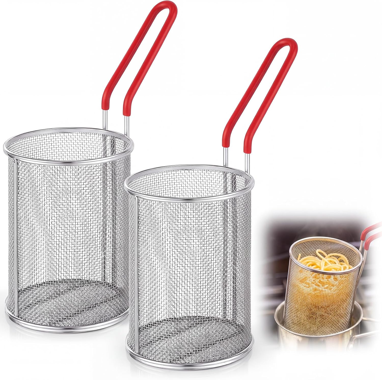 Blulu 2 Pack Stainless Steel Pasta Strainer Baskets 5-1/4" D x 7" H, Red