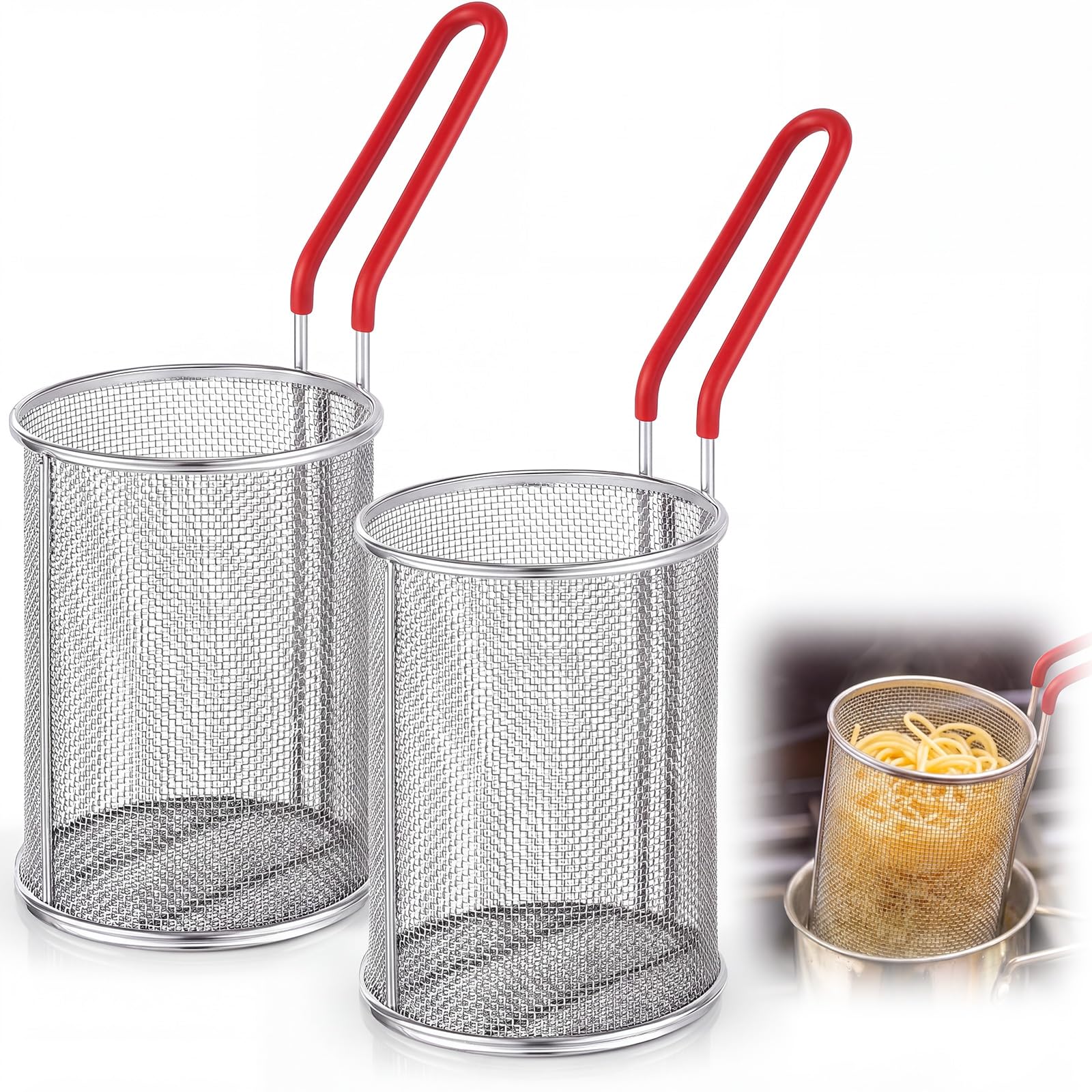 Blulu 2 Pack Stainless Steel Pasta Strainer Baskets 4.3" D x 5.9" H, Red