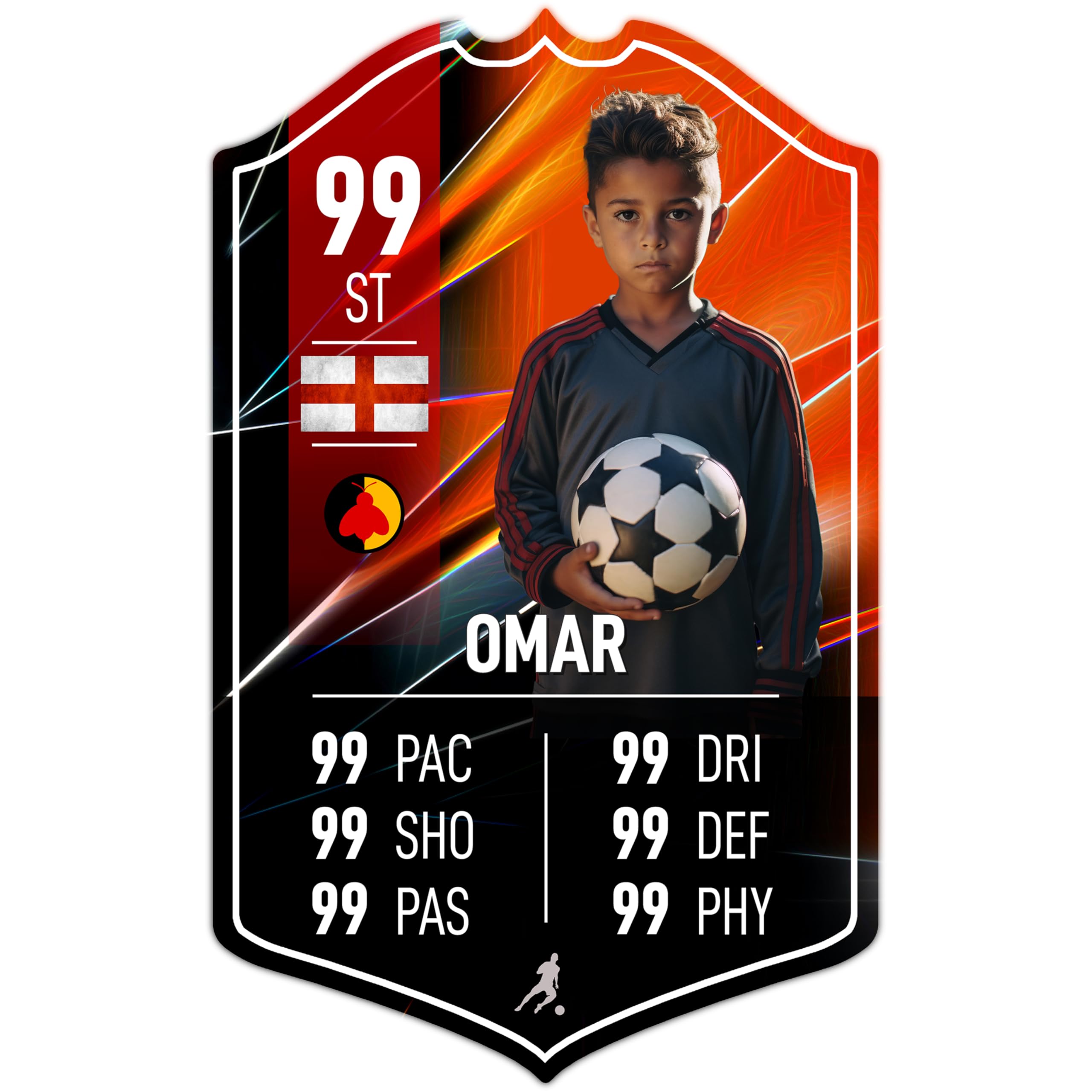ShopQuality4U Personalise Football Card Player Stats Shield - Red Background Printed Metal Shield Sign Wall Art A5 Player Add Name (12x20cm)